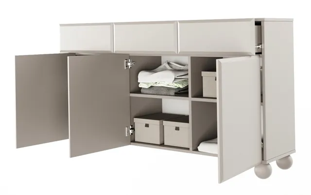 selsey-chocolated-kommode-150-cm-dreit-rig-mit-3-schubladen-sandbeige-kugelf-e image 1
