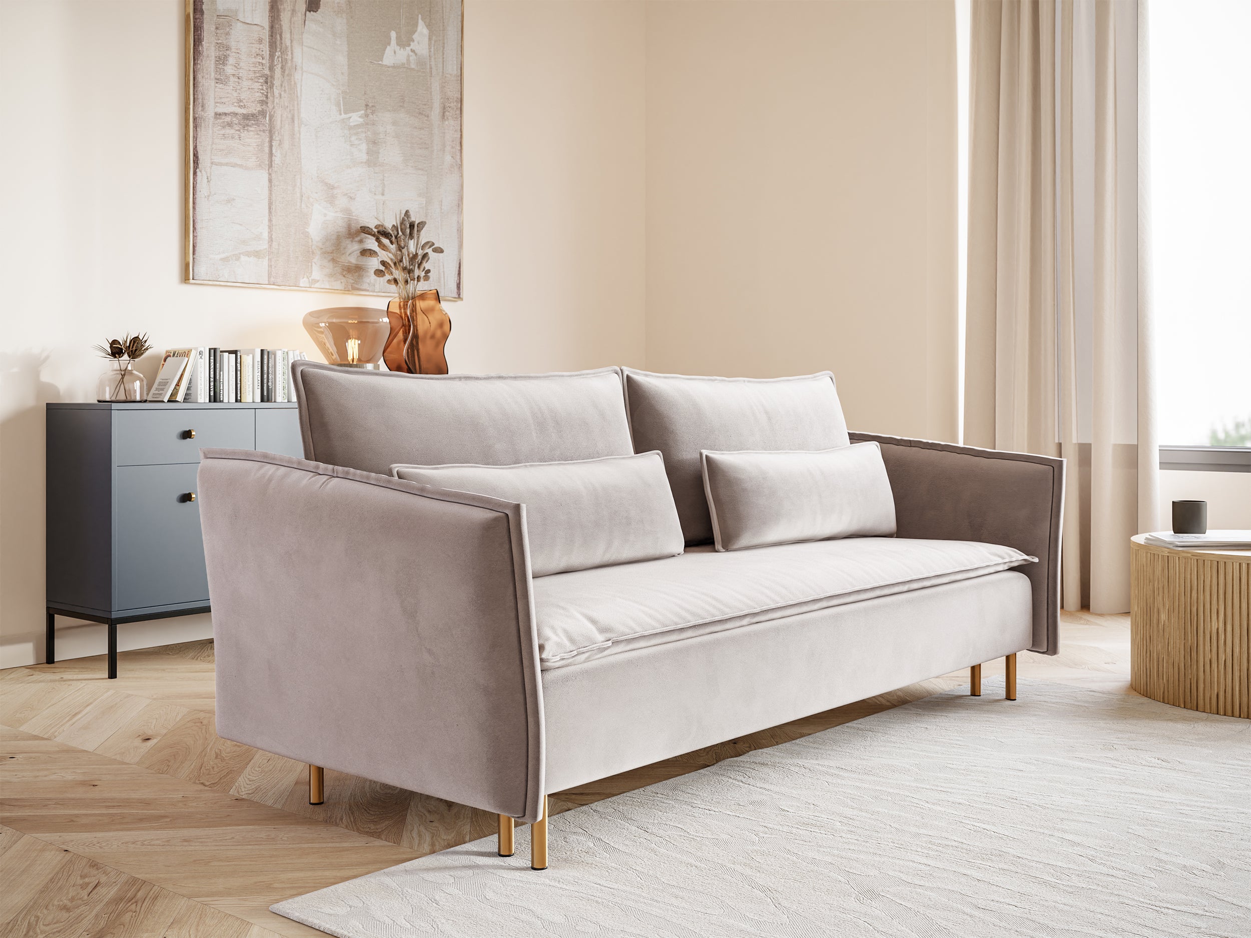 selsey-ummo-dreisitziges-ausklappbares-sofa-mit-stauraum-grau-beige-samt-goldene image 4