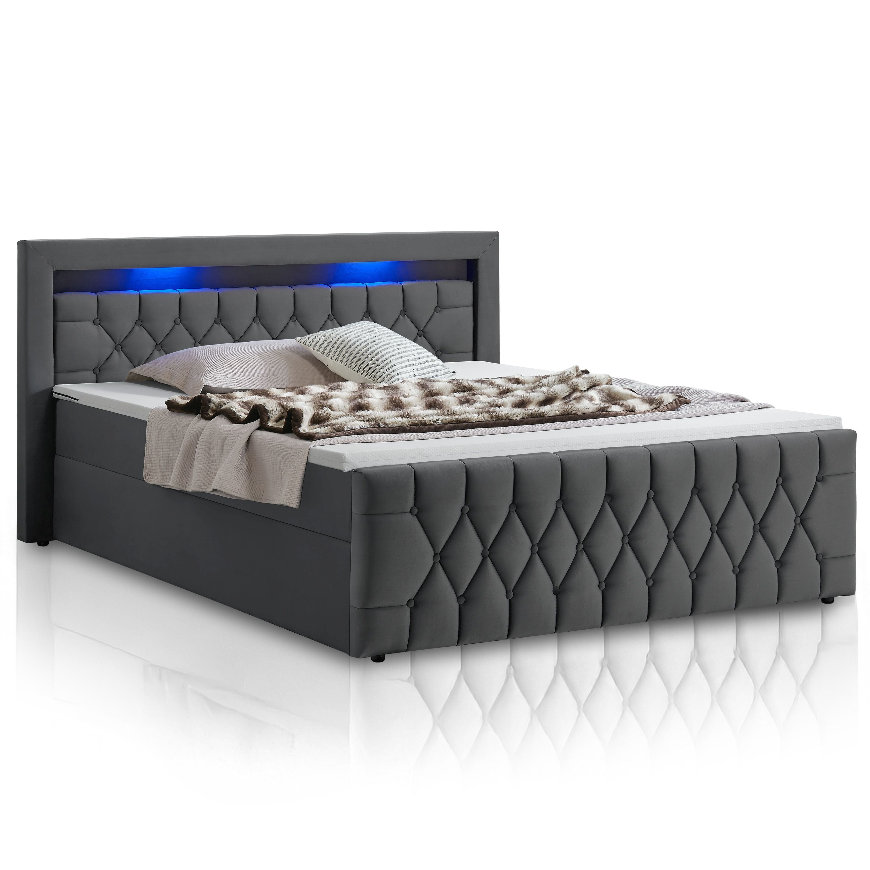 juskys-boxspringbett-leona-samt-grau-mit-led-kopfteil-und-topper image 1