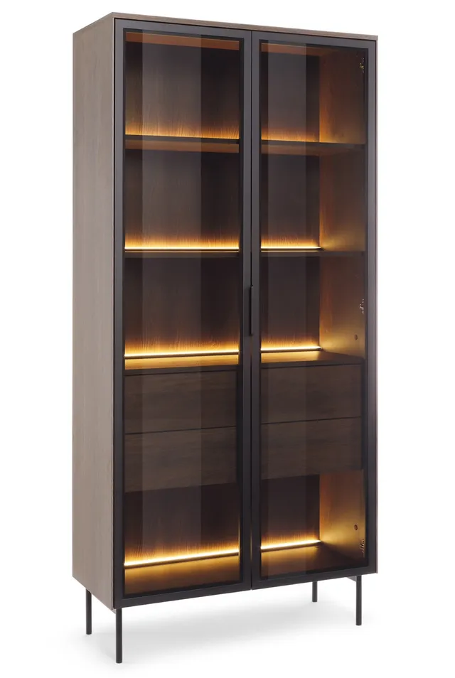selsey-lumi-glast-r-vitrine-91-cm-eiche-dunin-mit-schubladen-und-beleuchtung image 1