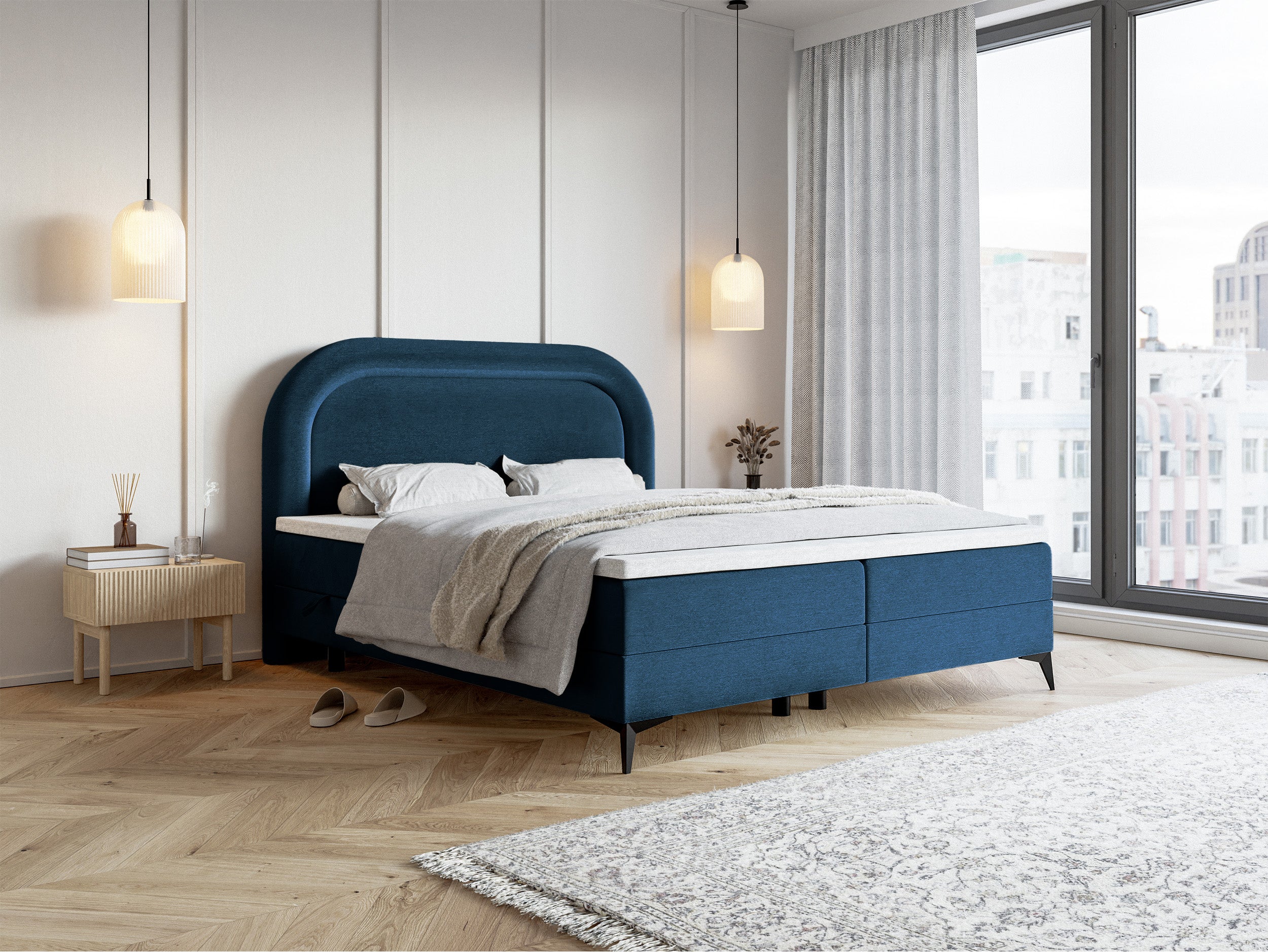 selsey-loreo-kontinentales-bett-160x200-cm-mit-topper-stauraum-marineblau-velour image 2