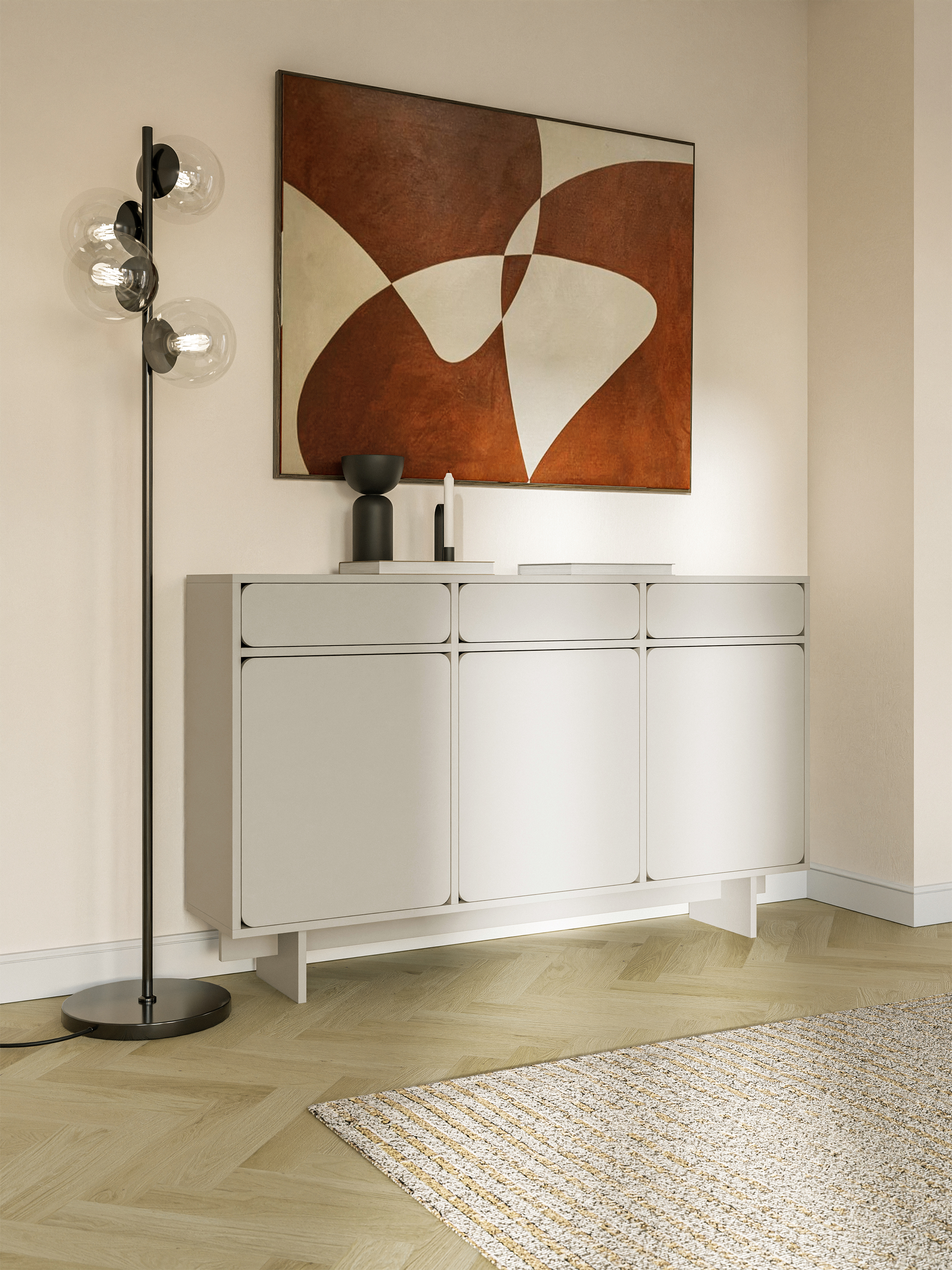selsey-wuwu-dreht-r-kommode-150-cm-mit-drei-schubladen-grau-beige image 3
