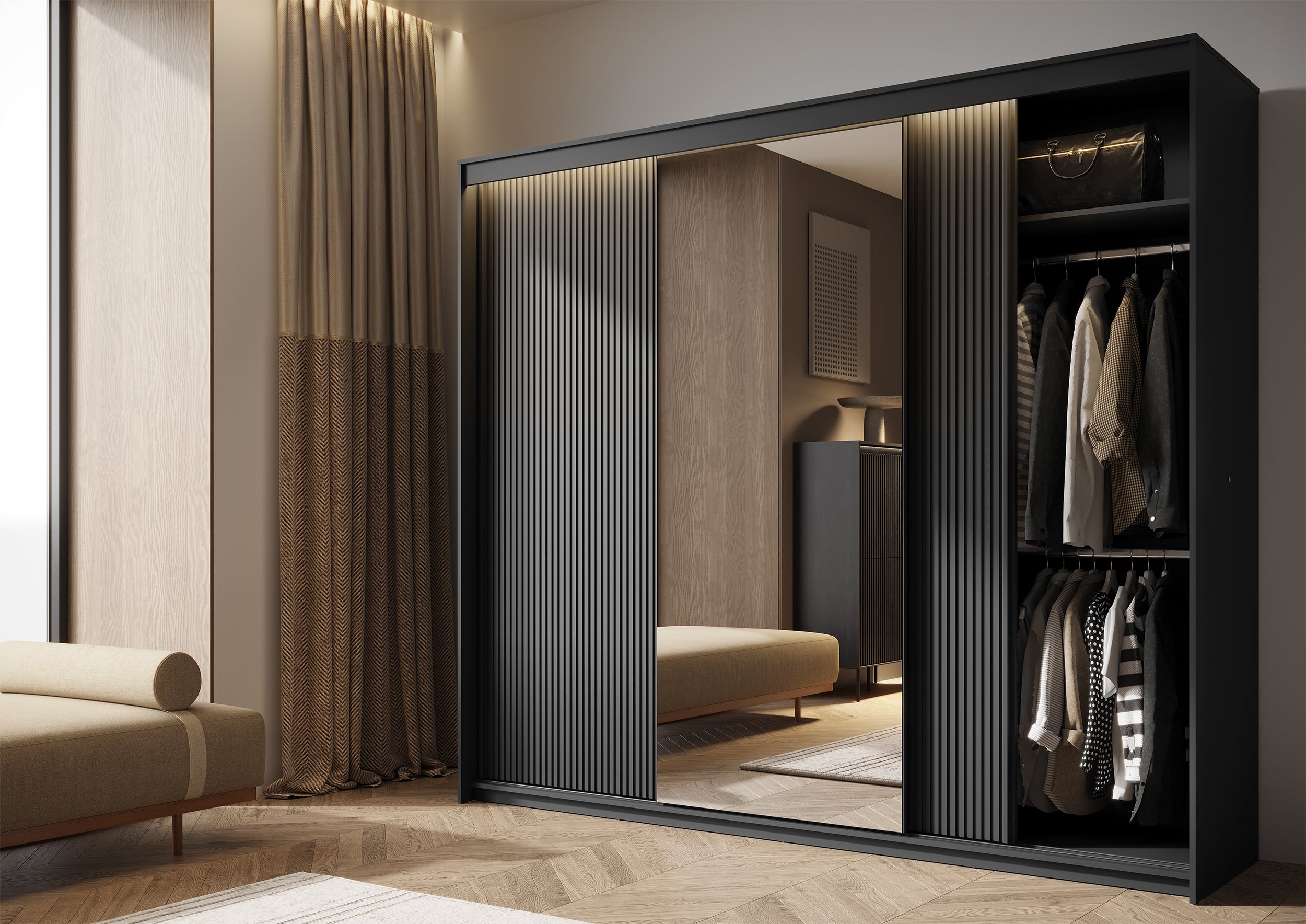 selsey-trend-dreht-renschrank-250-cm-schwarz-geriffelte-fronten-mit-spiegel-und- image 2
