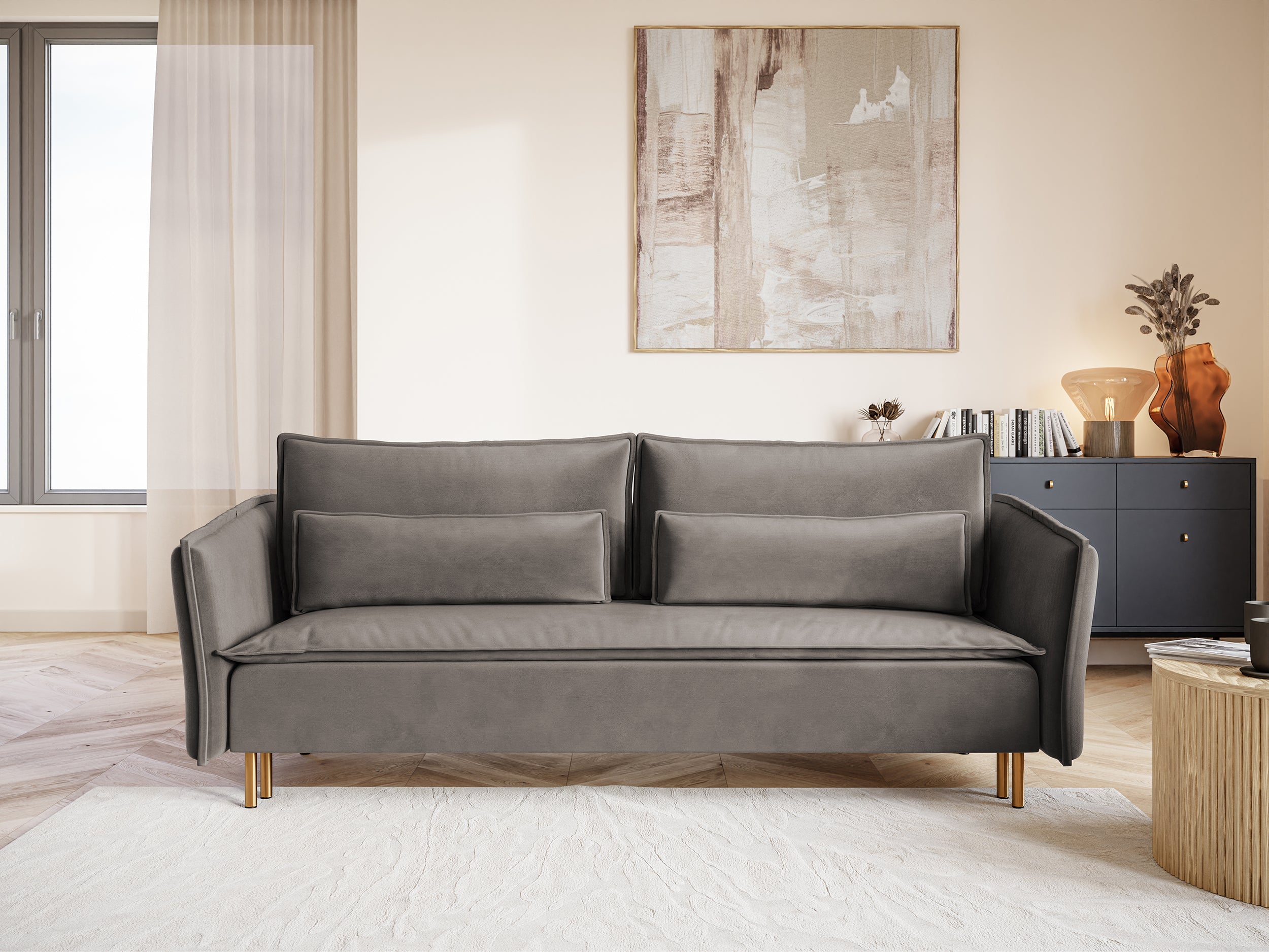 selsey-ummo-dreisitziges-schlafsofa-in-grau-mit-stauraum-hydrophober-samt-golden image 2