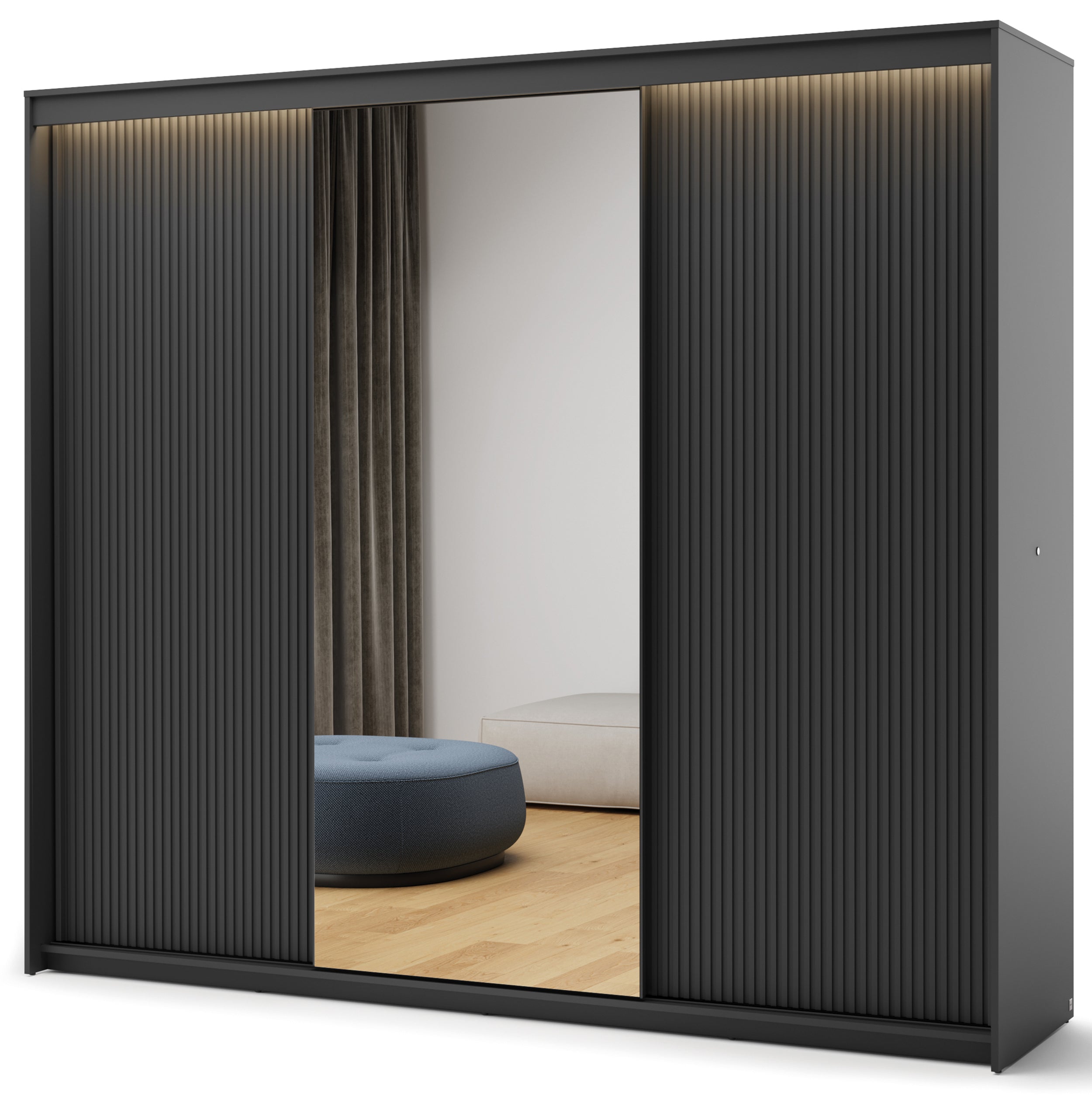 selsey-trend-dreht-renschrank-250-cm-schwarz-geriffelte-fronten-mit-spiegel-und- image 3