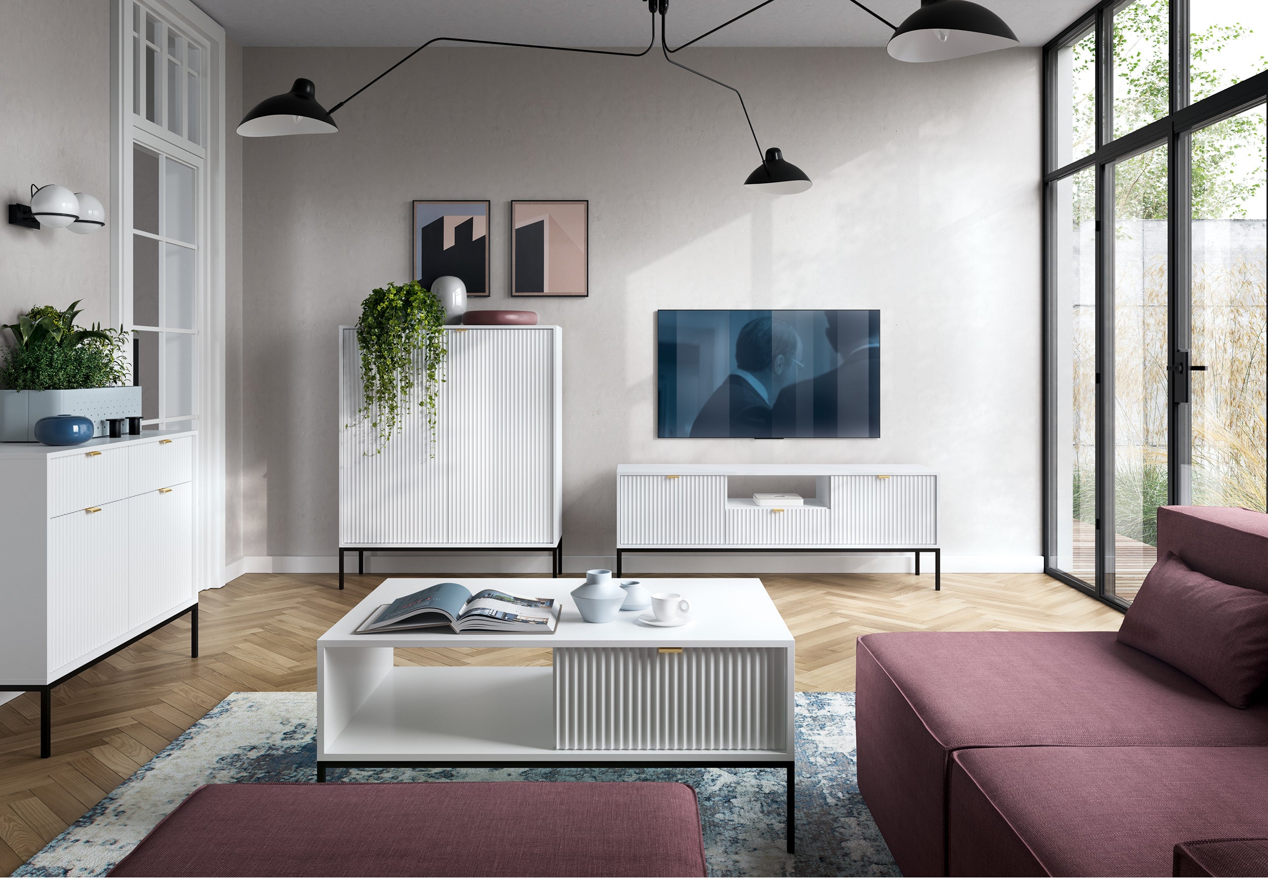selsey-vellore-tv-schrank-154-cm-wei-mit-geriffelten-fronten-und-goldenen-griffe image 6