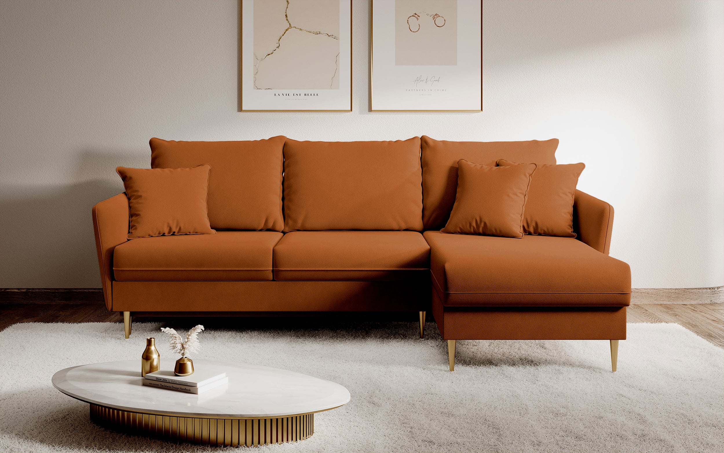 selsey-volio-ecksofa-mit-schlafunktion-universell-kupferfarbener-samt-goldene-be image 3