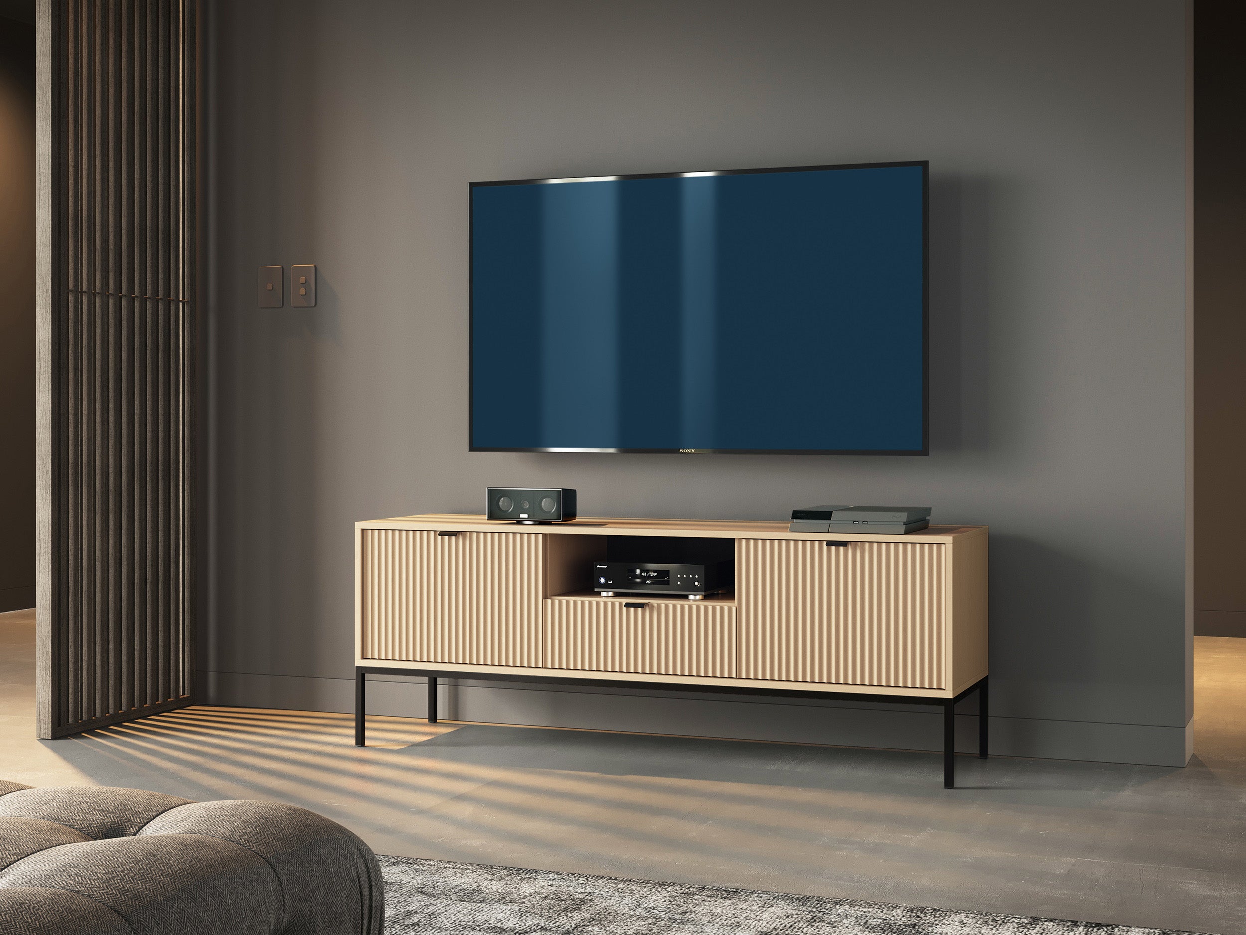 selsey-vellore-tv-schrank-154-cm-mit-schublade-vicenza-eiche-mit-rillenfront-auf image 2