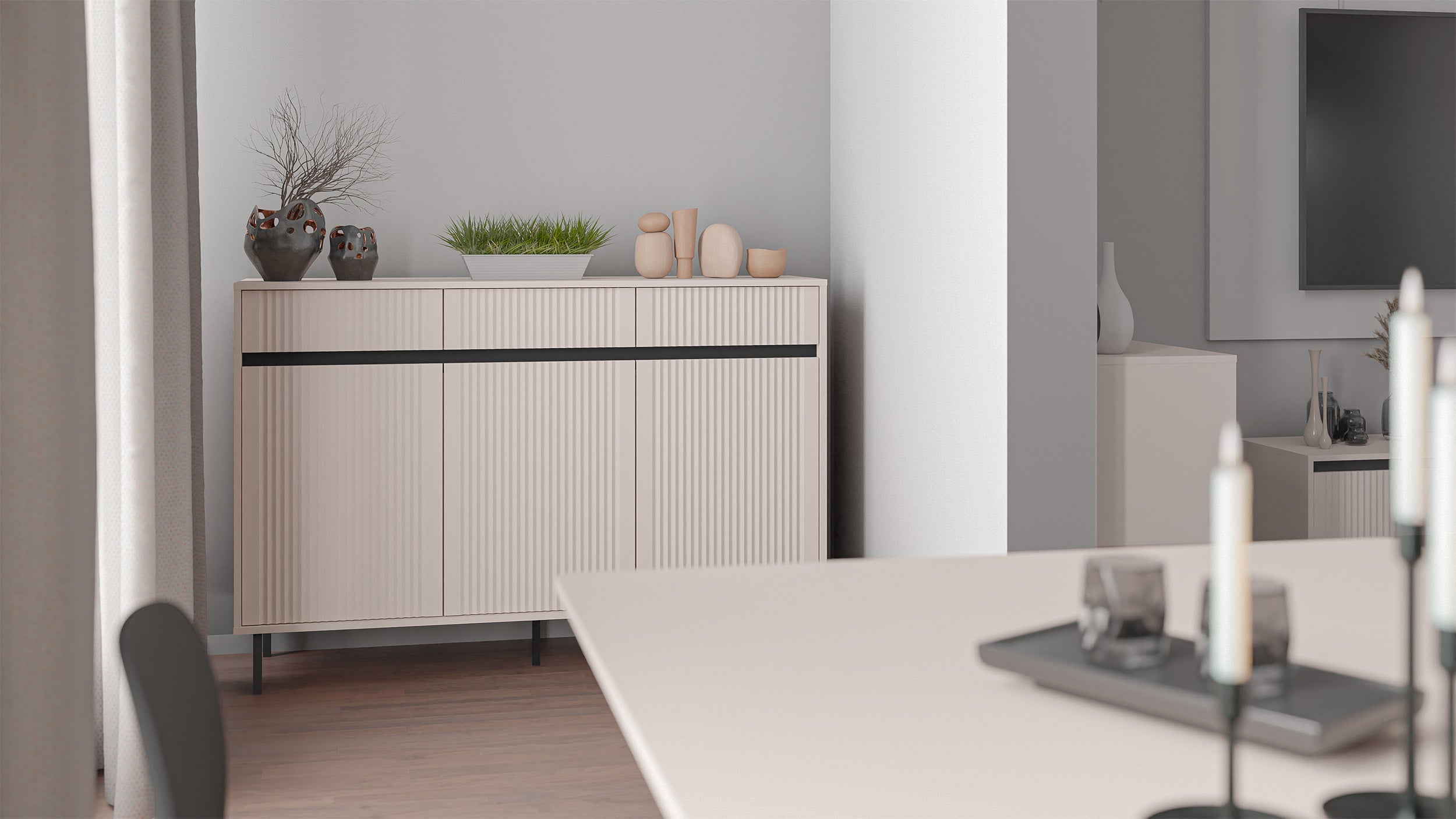 selsey-osaka-dreht-r-kommode-149-cm-sandbeige-geriffelte-fronten-schwarze-beine image 2