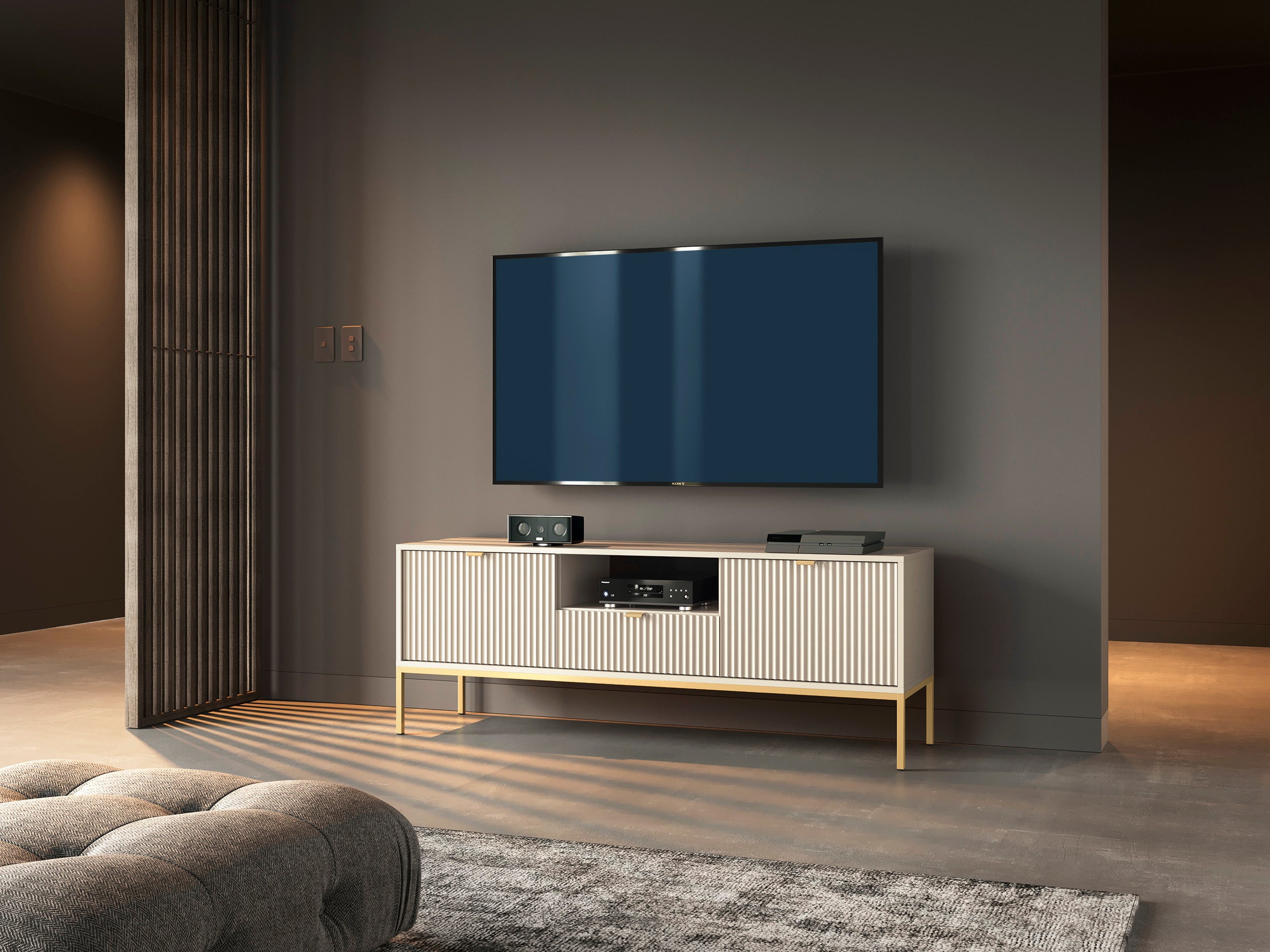 selsey-vellore-tv-schrank-154-cm-kaschmir-mit-geriffelten-fronten-und-goldenem-g image 4