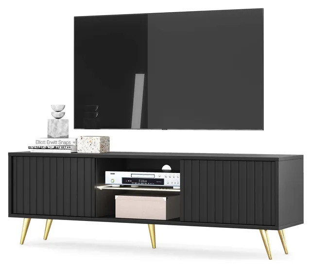 selsey-bello-tv-schrank-135-cm-schwarz-mit-lamellenfronten-und-goldenen-beinen image 1