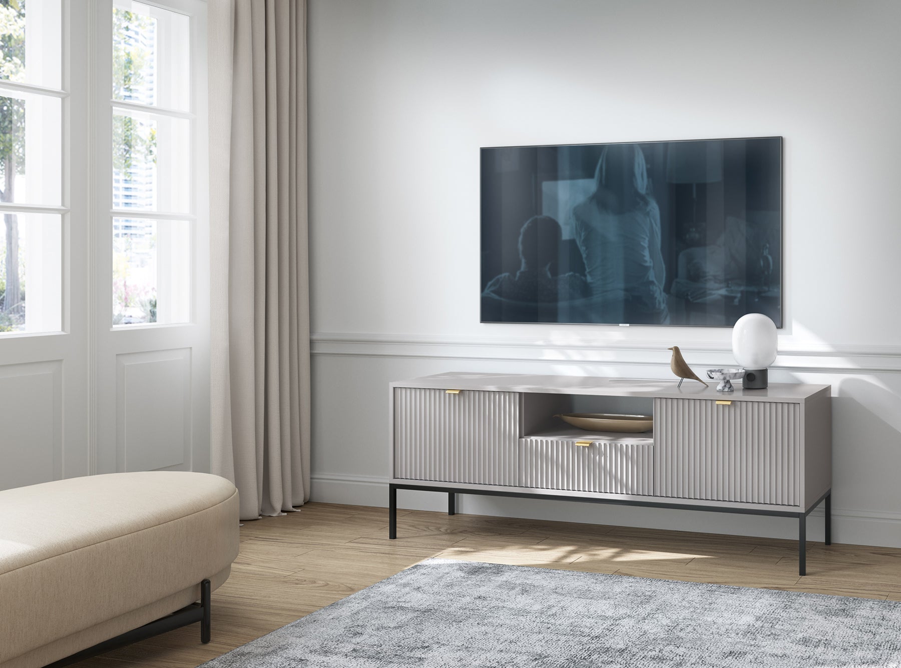 selsey-vellore-tv-schrank-154-cm-grau-mit-geriffelten-fronten-und-goldenen-griff image 4
