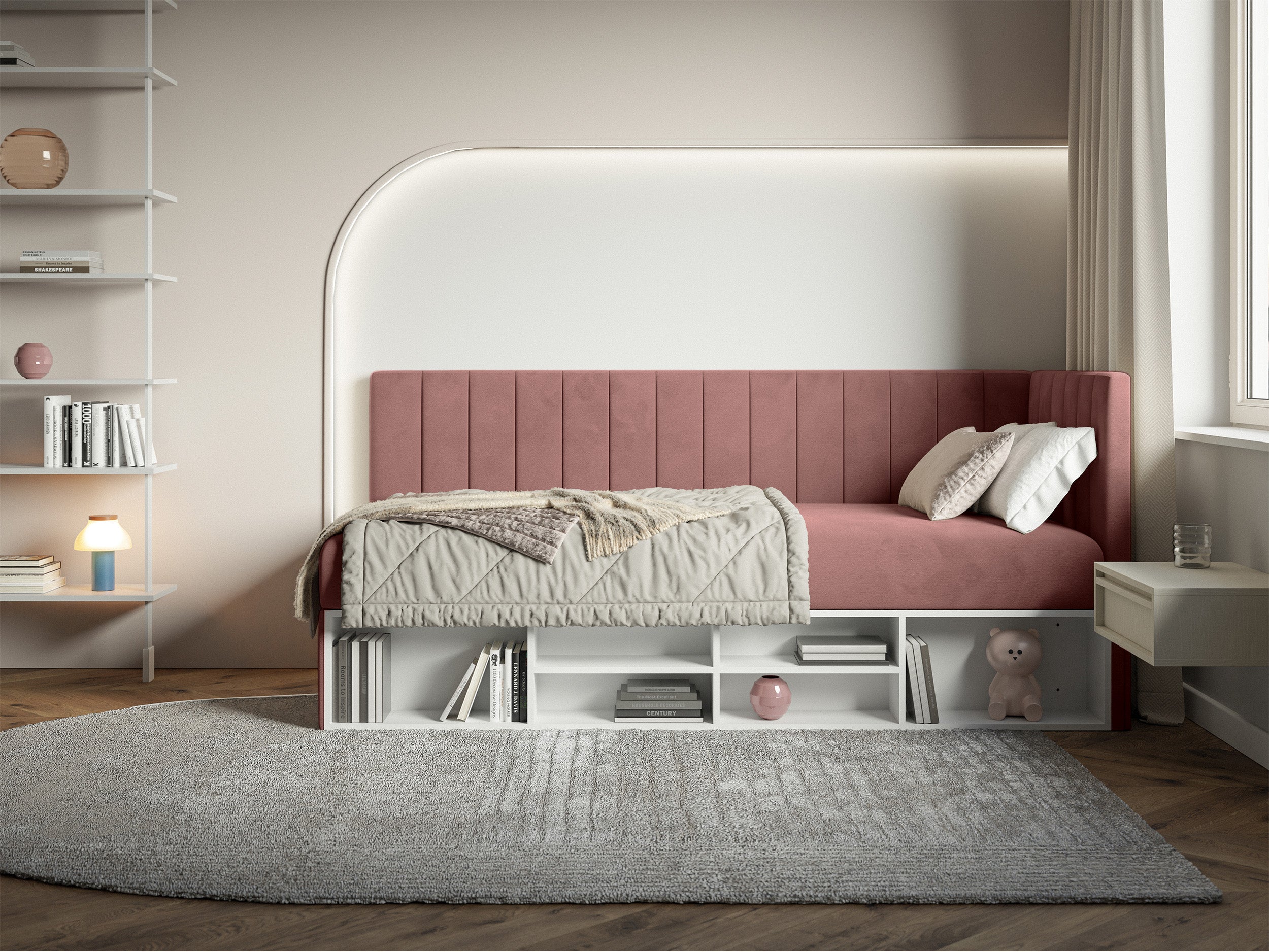 selsey-ventrio-jugendbett-90x200-cm-rechtsseitig-mit-stauraum-und-regalen-rosa-v image 2