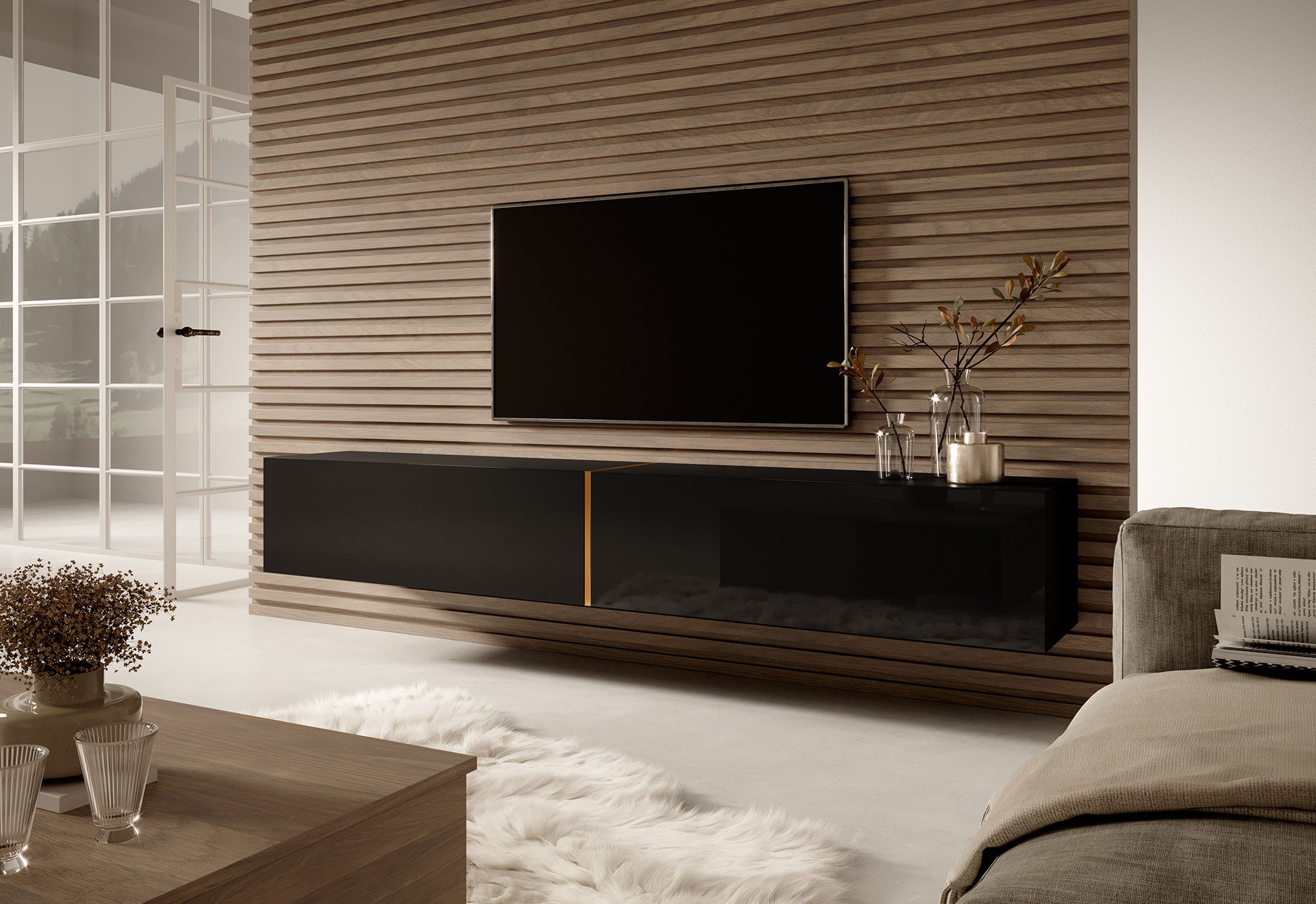 selsey-bisira-tv-schrank-200-cm-schwarz-mit-goldenem-einsatz image 3