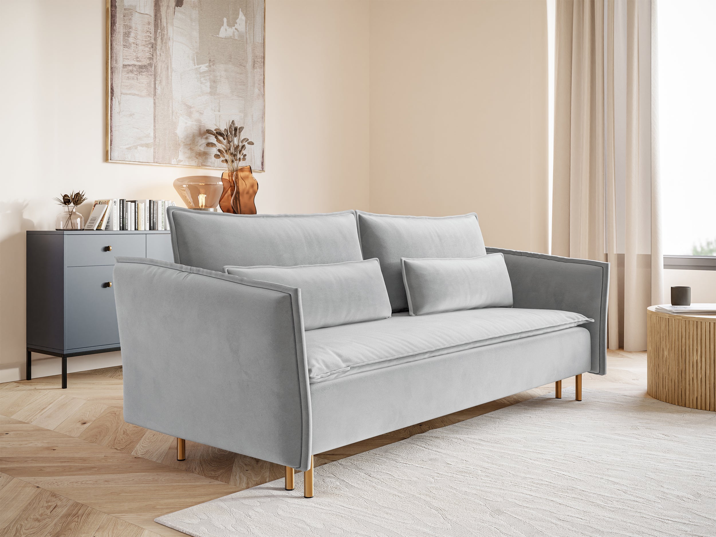 selsey-ummo-dreisitziges-ausklappbares-sofa-mit-stauraum-hellgrauer-velours-gold image 4