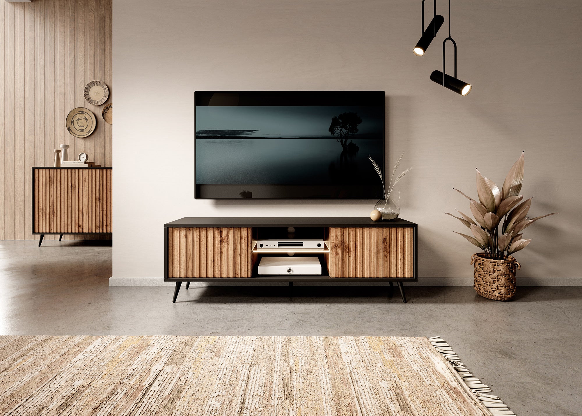 selsey-bello-tv-schrank-135-cm-schwarz-wotan-eiche-mit-lamellenfront-und-led image 2