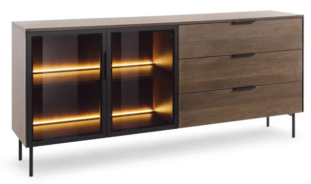 selsey-lumi-zweit-rige-vitrine-mit-3-schubladen-und-beleuchtung-181-cm-eiche-dun image 1