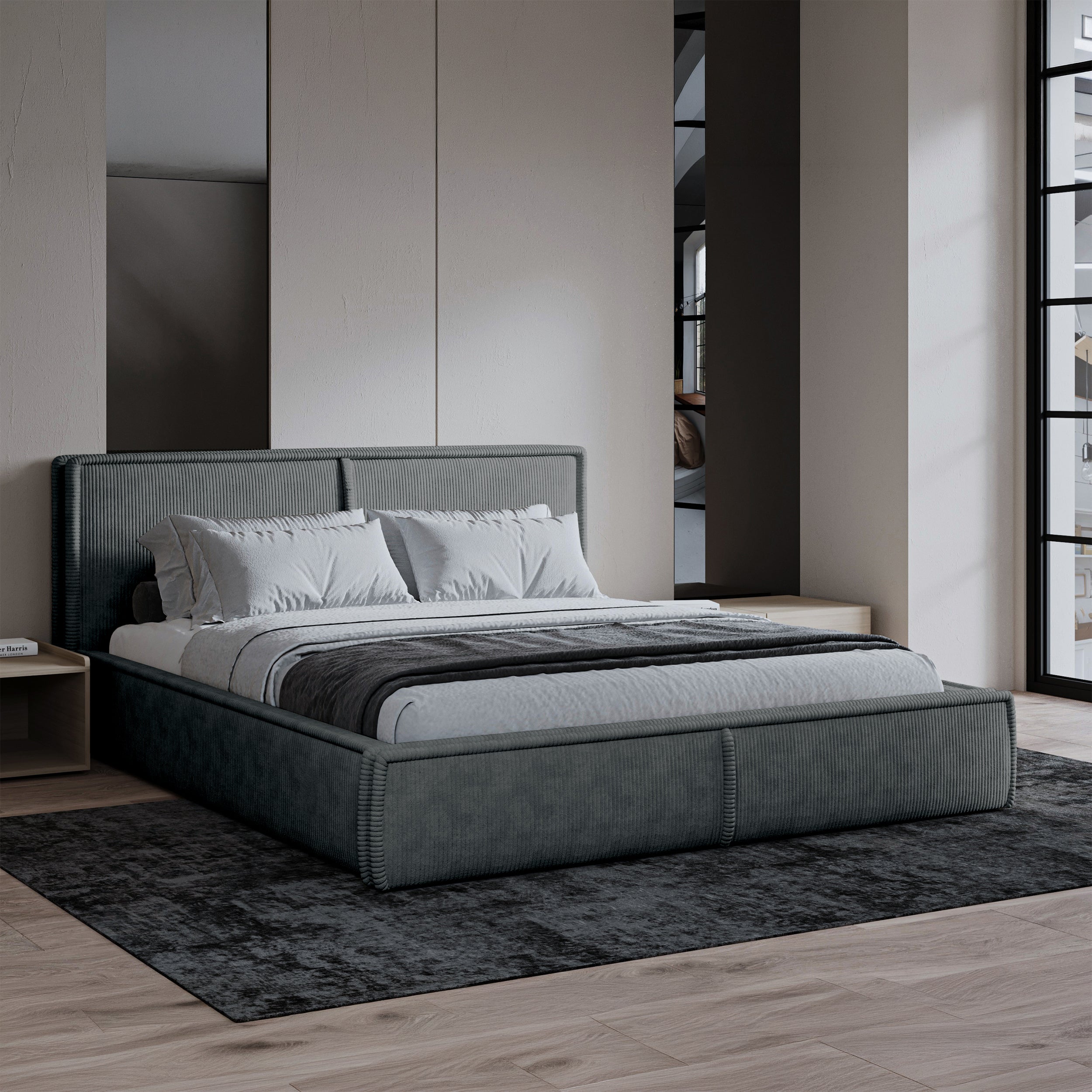 selsey-cordo-gepolstertes-bett-160x200-cm-mit-stauraum-holzlattenrost-grauer-cor image 2