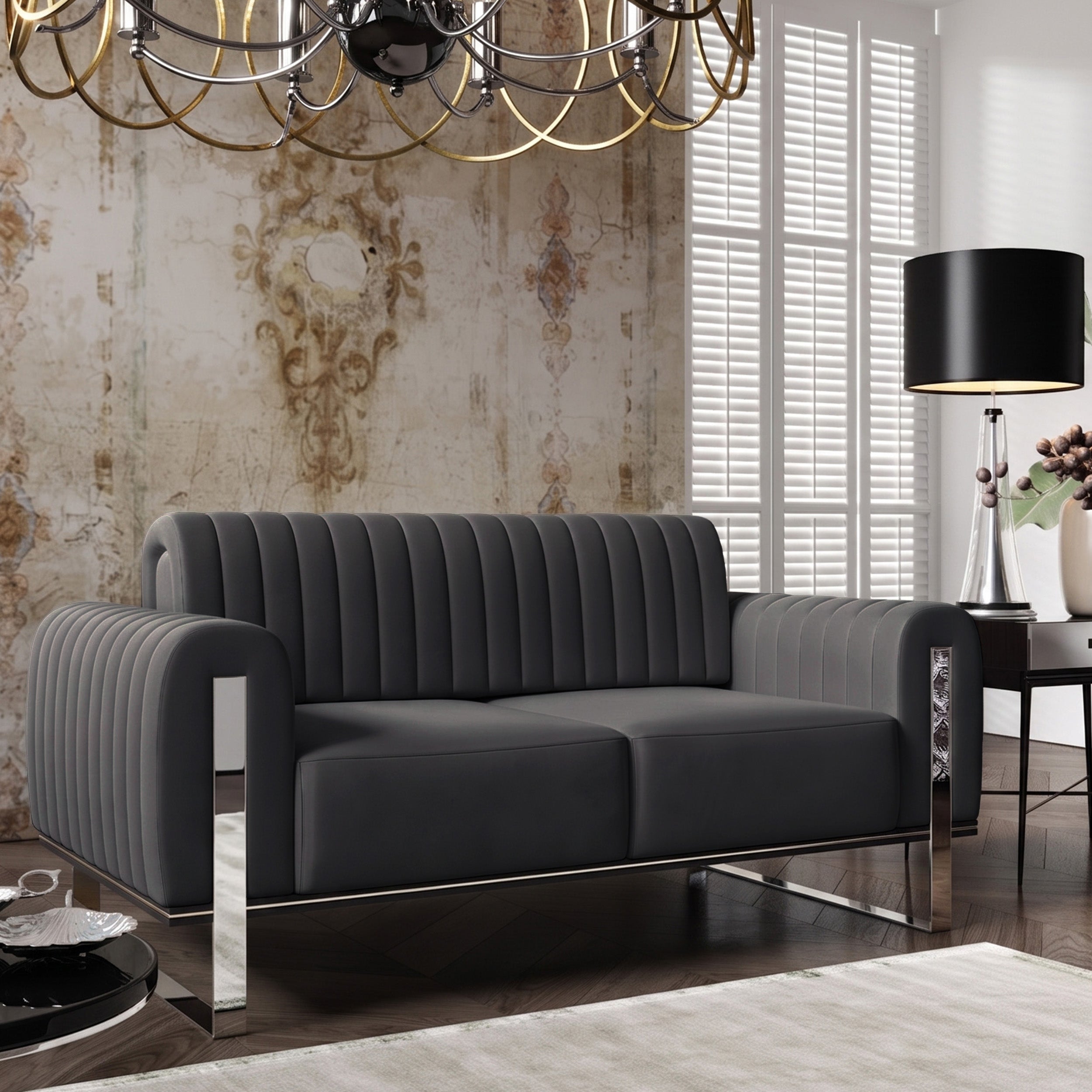 selsey-parissa-zweisitziges-sofa-dunkelgrauer-samt-verchromte-beine image 2