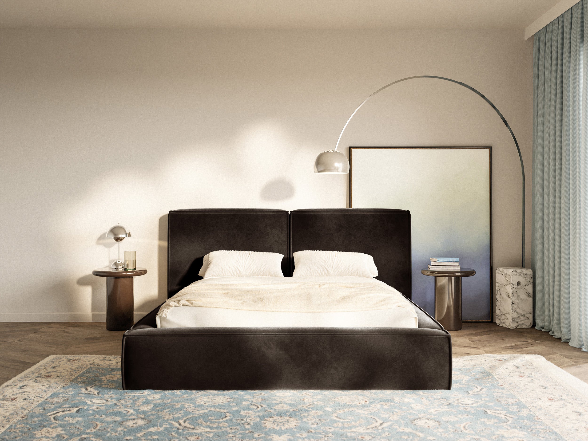 selsey-tilves-gepolstertes-bett-200x200-cm-mit-stauraum-brauner-samt-metallrahme image 3