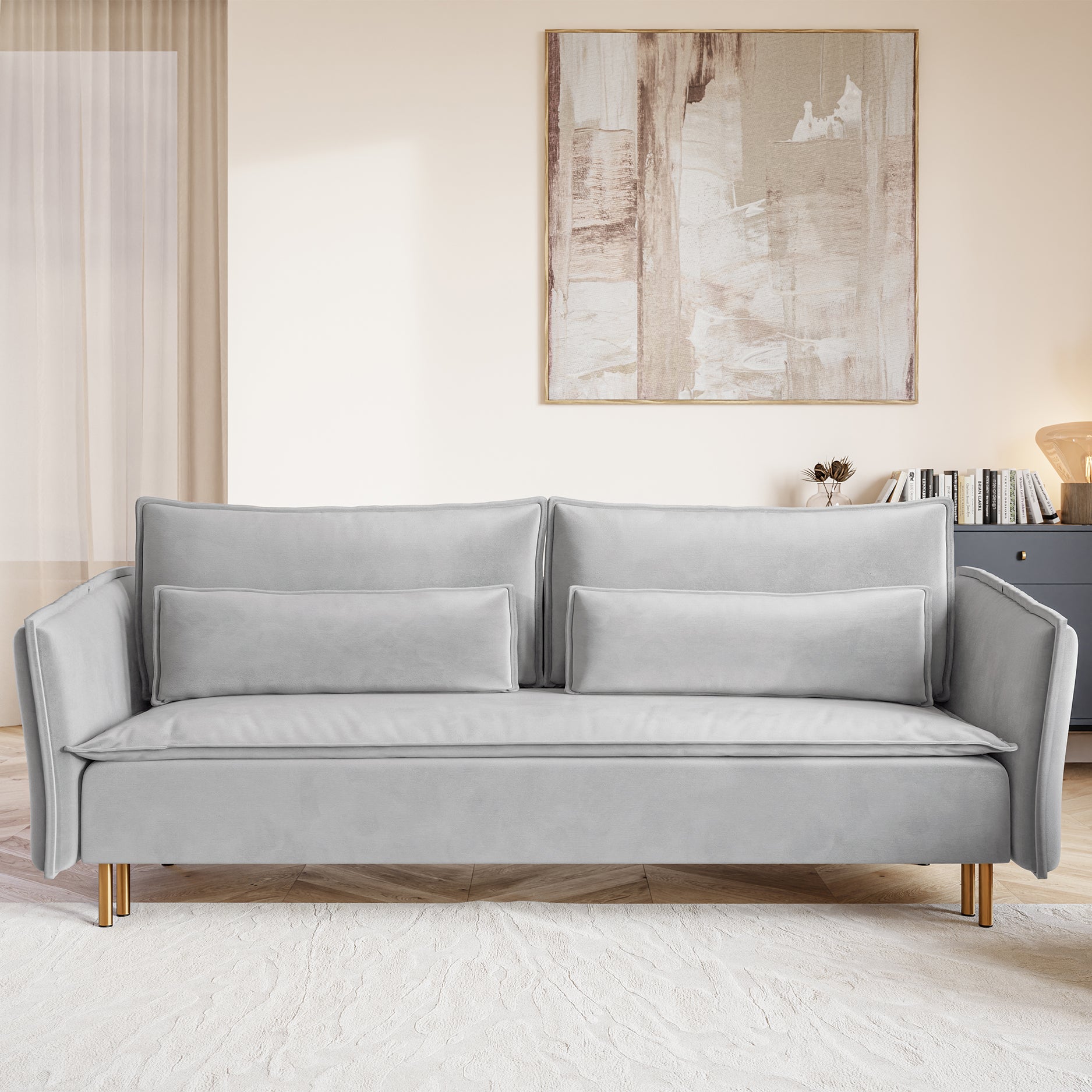 selsey-ummo-dreisitziges-ausklappbares-sofa-mit-stauraum-hellgrauer-velours-gold image 2
