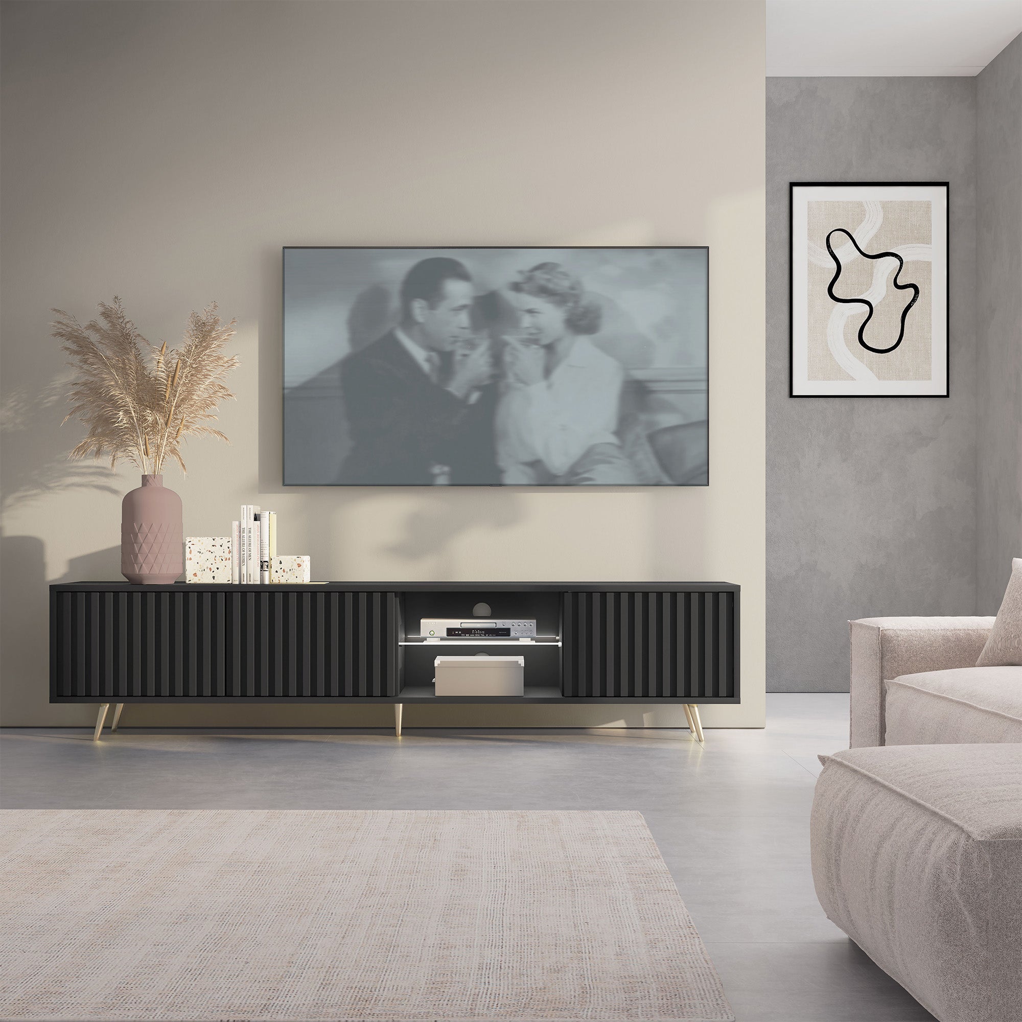 selsey-bello-tv-schrank-175-cm-mit-lamellenfronten-schwarz-mit-led-und-goldenen- image 2
