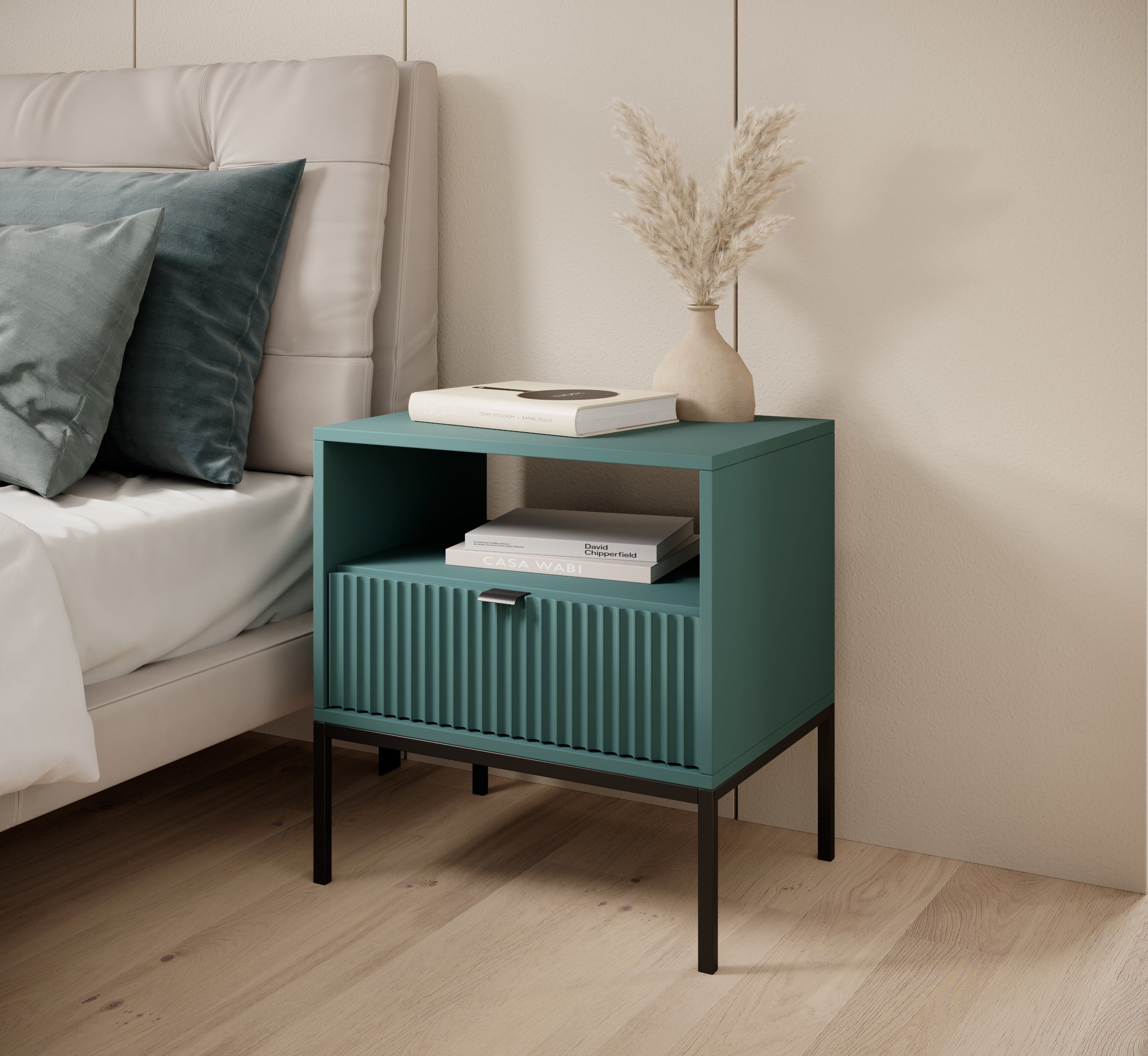 selsey-vellore-nachttisch-54-cm-gr-n-mit-geriffelter-front-schwarzen-griffen image 2