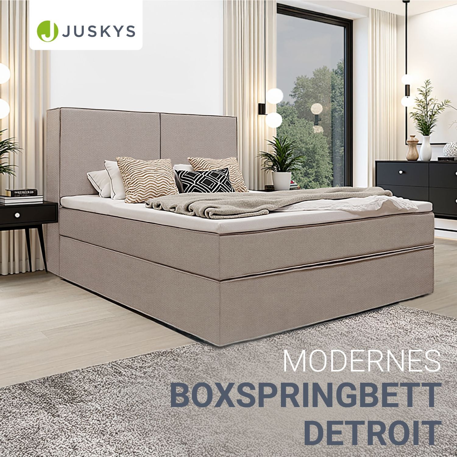 juskys-boxspringbett-detroit-chenille-stoff-beige-mit-topper image 2