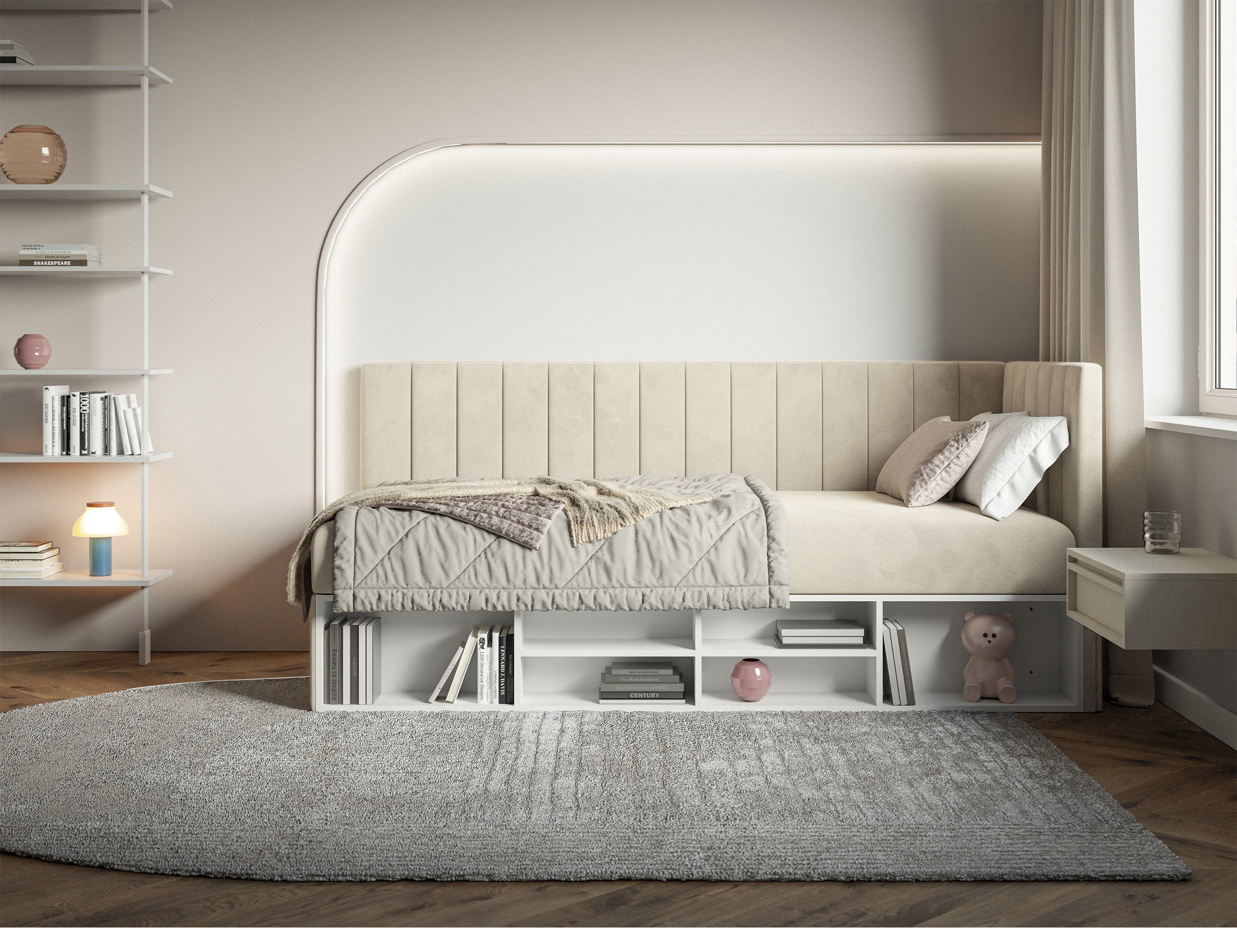 selsey-ventrio-jugendbett-90x200-cm-rechts-mit-stauraum-hellbeiger-velours image 3