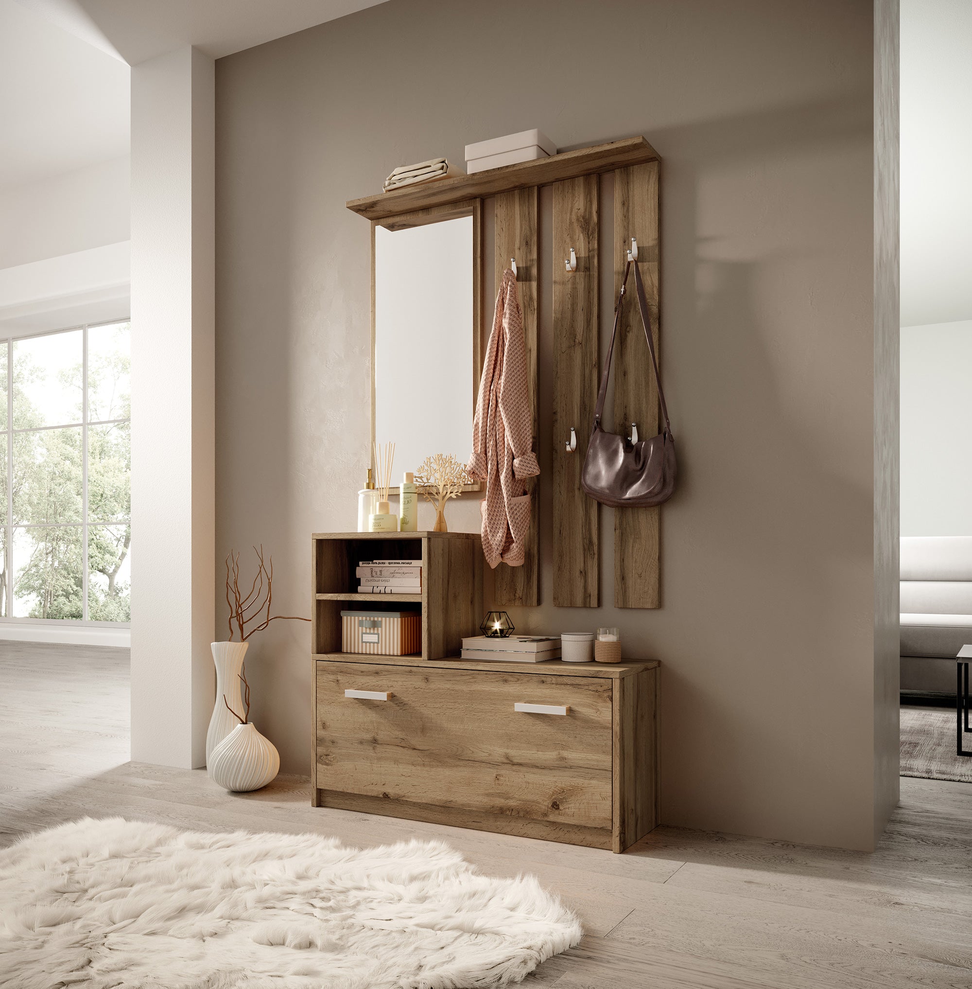 selsey-yesfir-flur-set-mit-spiegel-haken-und-schuhschrank-wotan-eiche image 4
