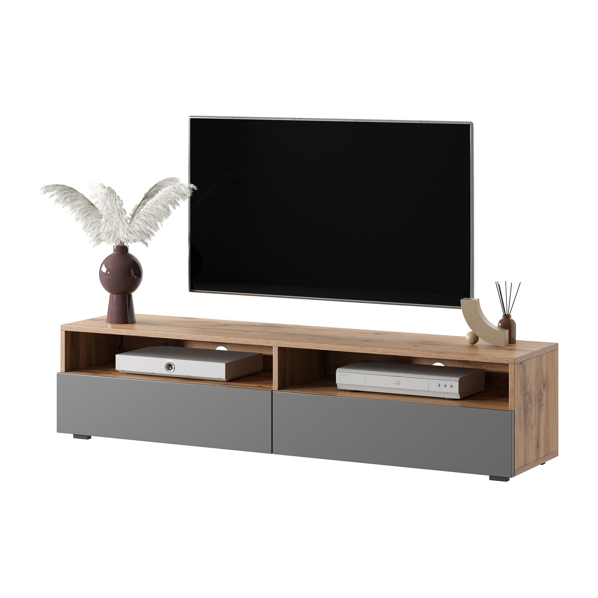 selsey-rednaw-tv-schrank-140-cm-mit-zwei-schubladen-wotan-eiche-grauer-hochglanz image 5