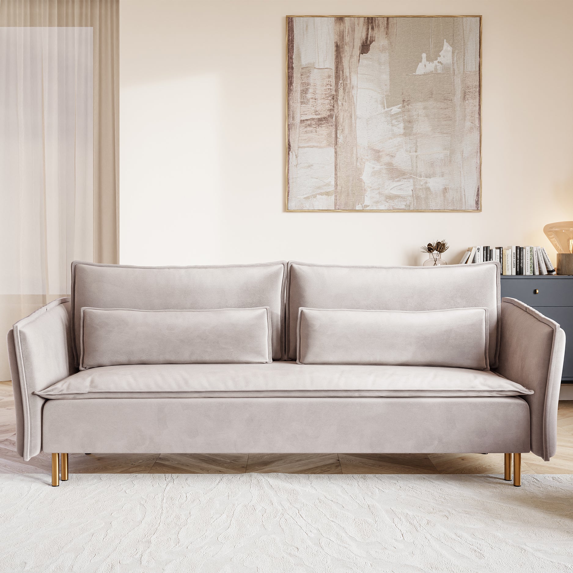 selsey-ummo-dreisitziges-ausklappbares-sofa-mit-stauraum-grau-beige-samt-goldene image 2