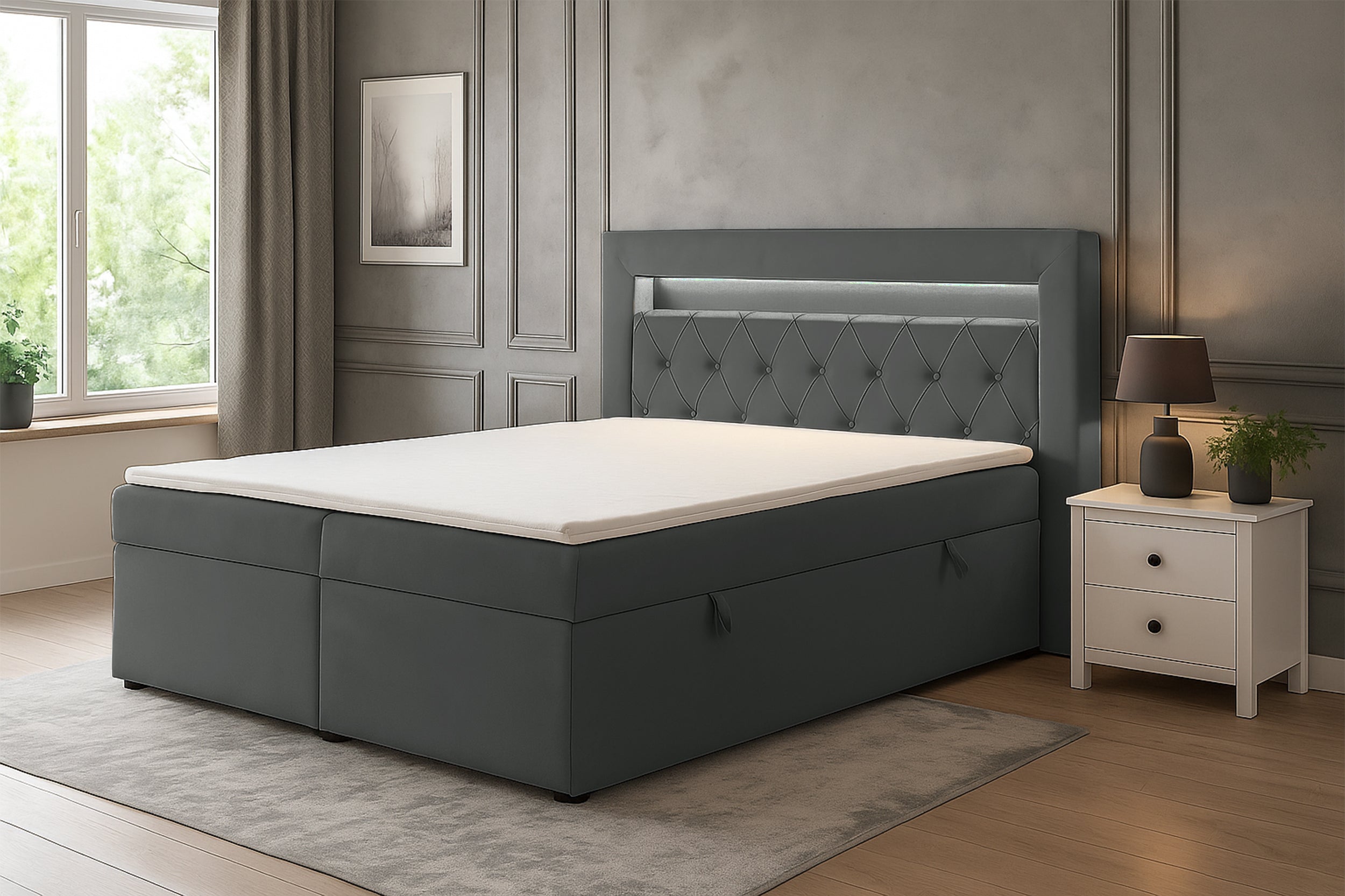 selsey-goldess-boxspringbett-140x200-cm-mit-stauraum-und-led-dunkelgrauer-samt image 2