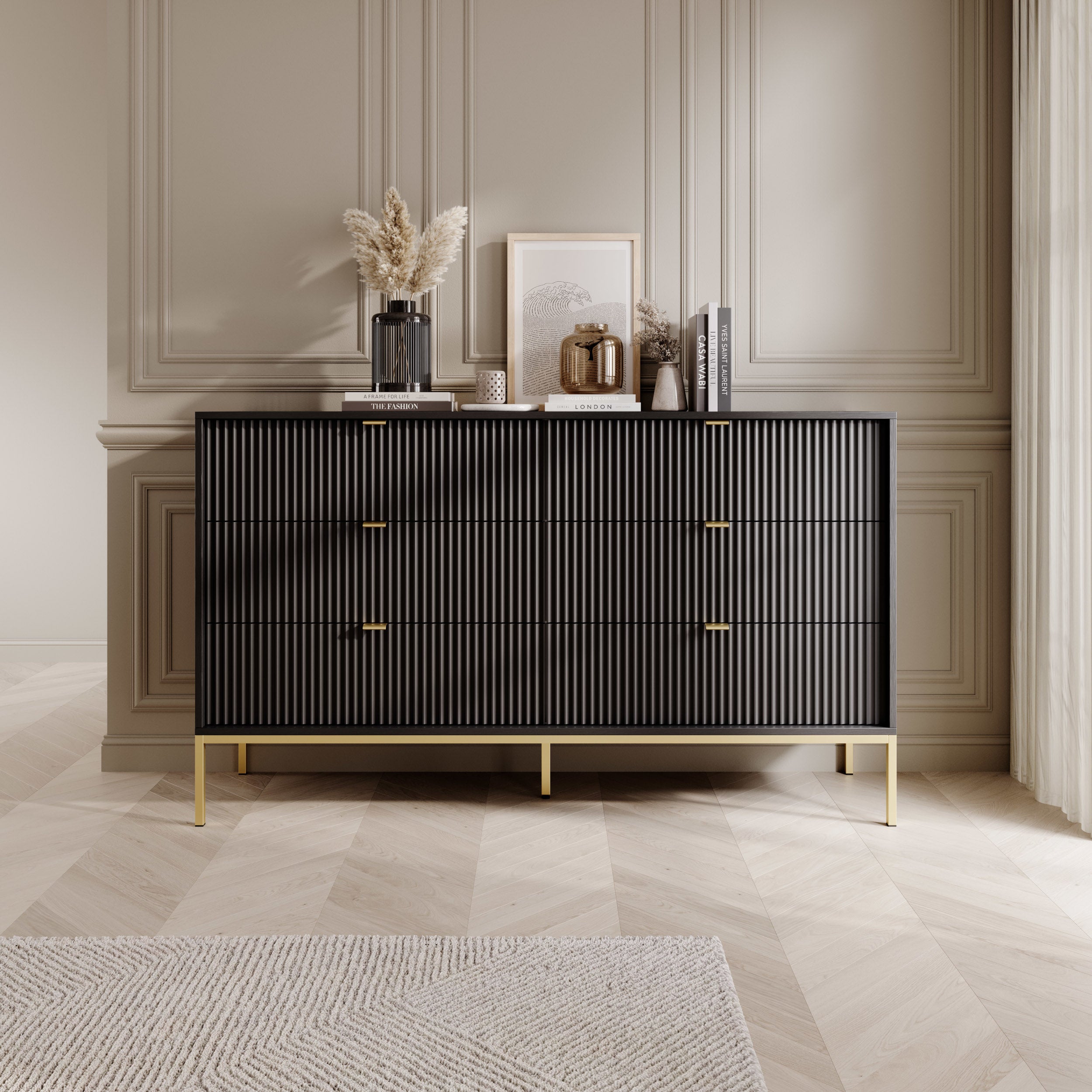 selsey-vellore-kommode-154-cm-schwarz-6-schubladen-goldenes-gestell image 2