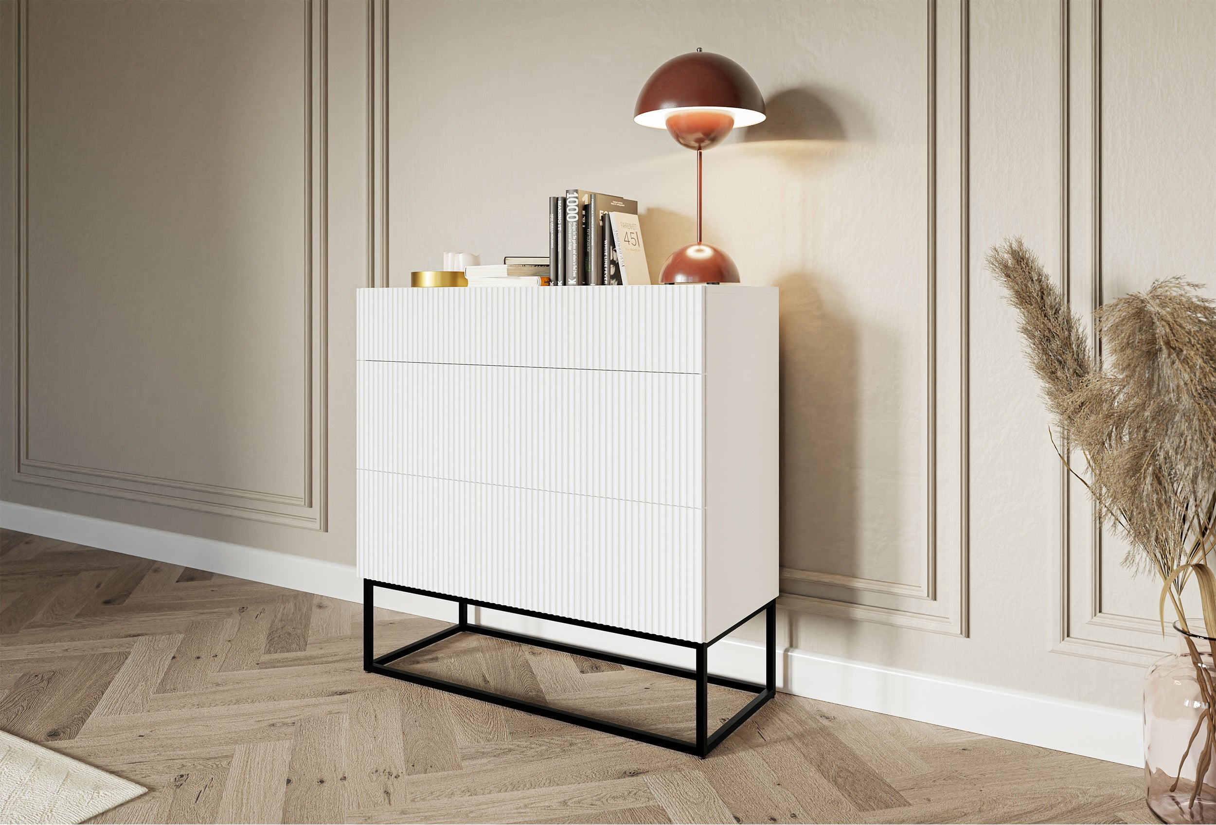 selsey-veldio-kommode-90-cm-mit-3-schubladen-und-gefr-ster-front-wei-mit-schwarz image 2