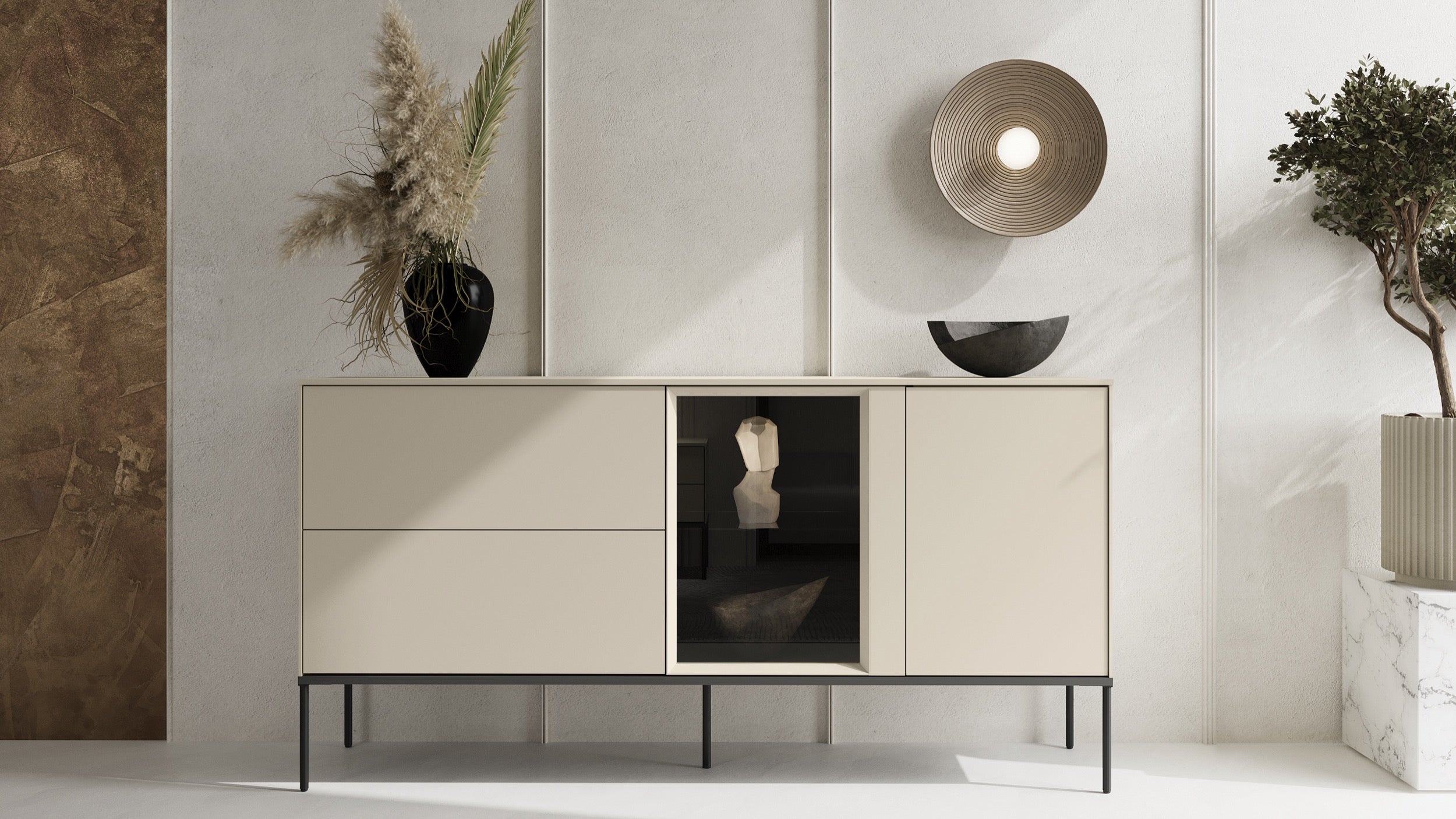 selsey-sideboard-bellezo-166-cm-einfl-gelig-mit-led-vitrine-und-2-schubladen-cre image 3