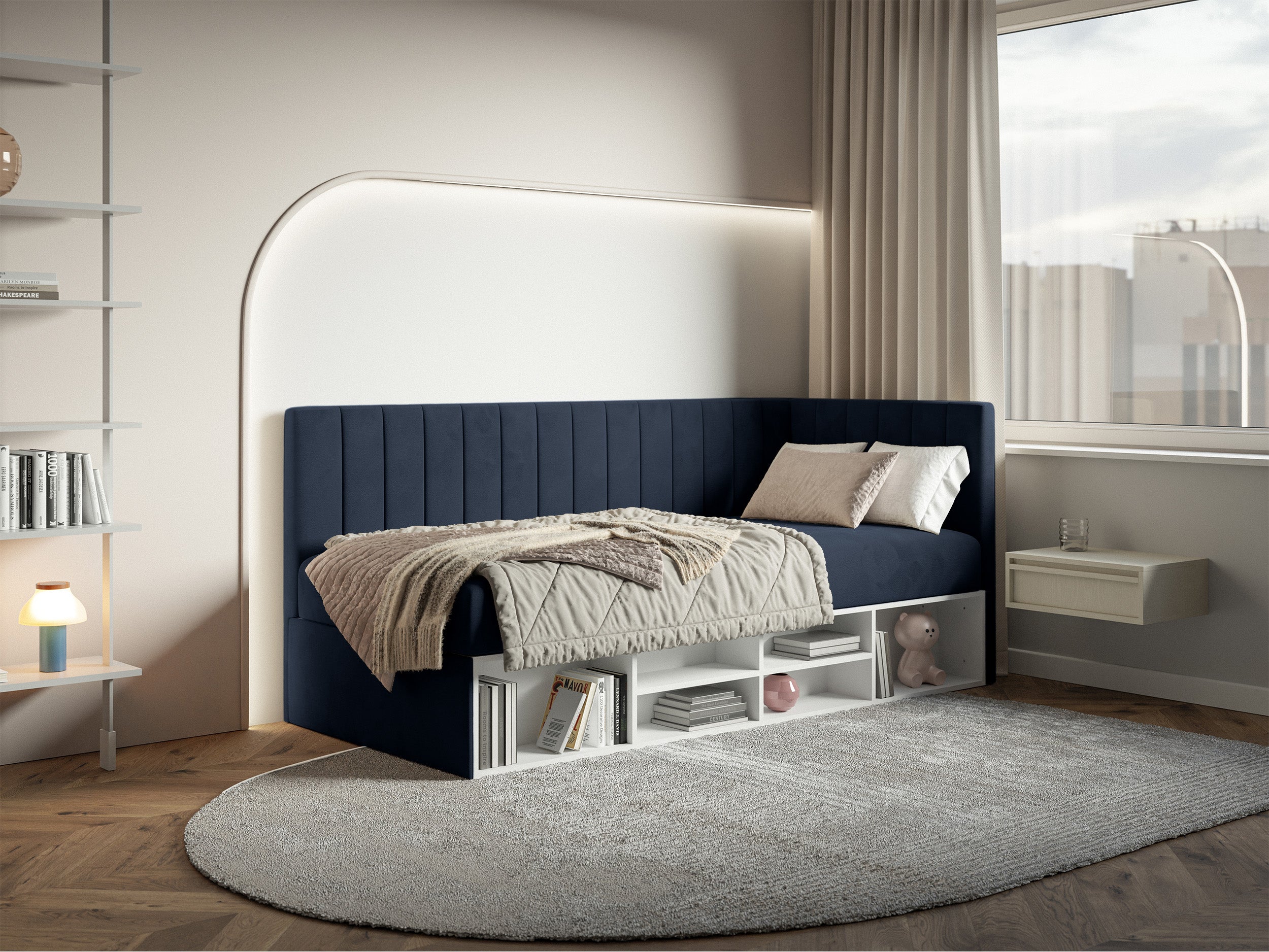 selsey-ventrio-jugendbett-90x200-cm-rechtsseitig-mit-stauraum-marineblauer-velou image 3