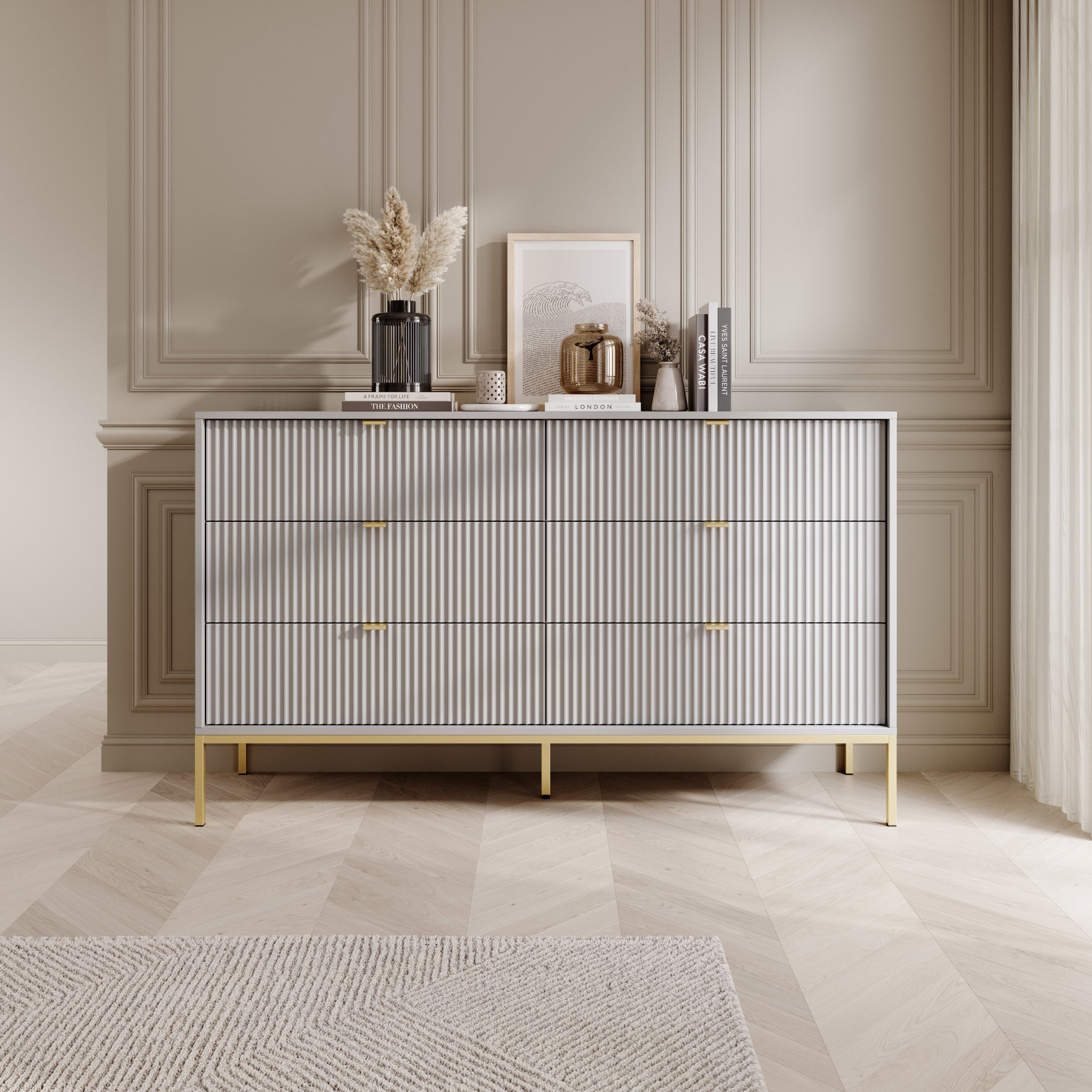 selsey-vellore-kommode-mit-6-schubladen-154-cm-grau-mit-rillenfronten-und-golden image 2