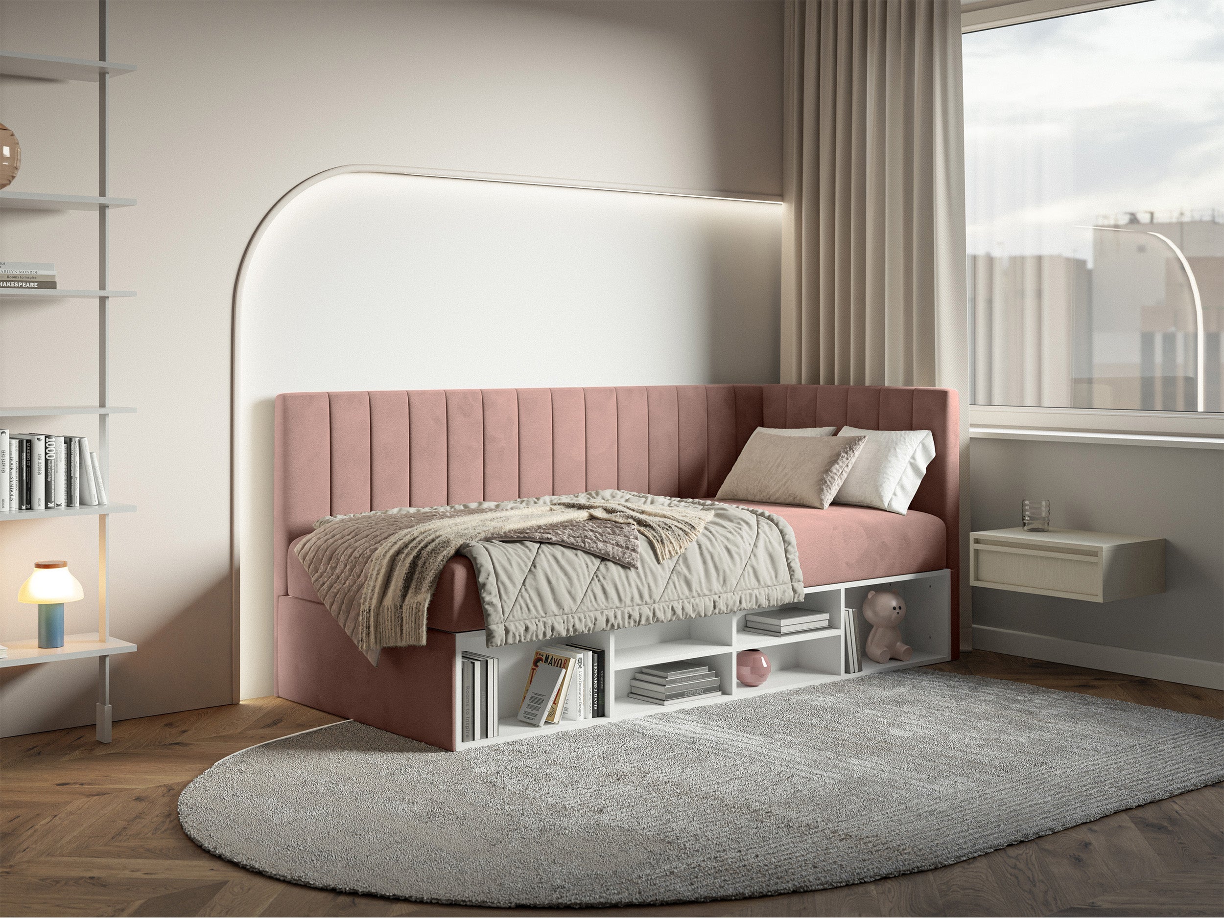 selsey-ventrio-jugendbett-90x200-cm-rechtsseitig-hellrosa-velours-stauraum-und-r image 3
