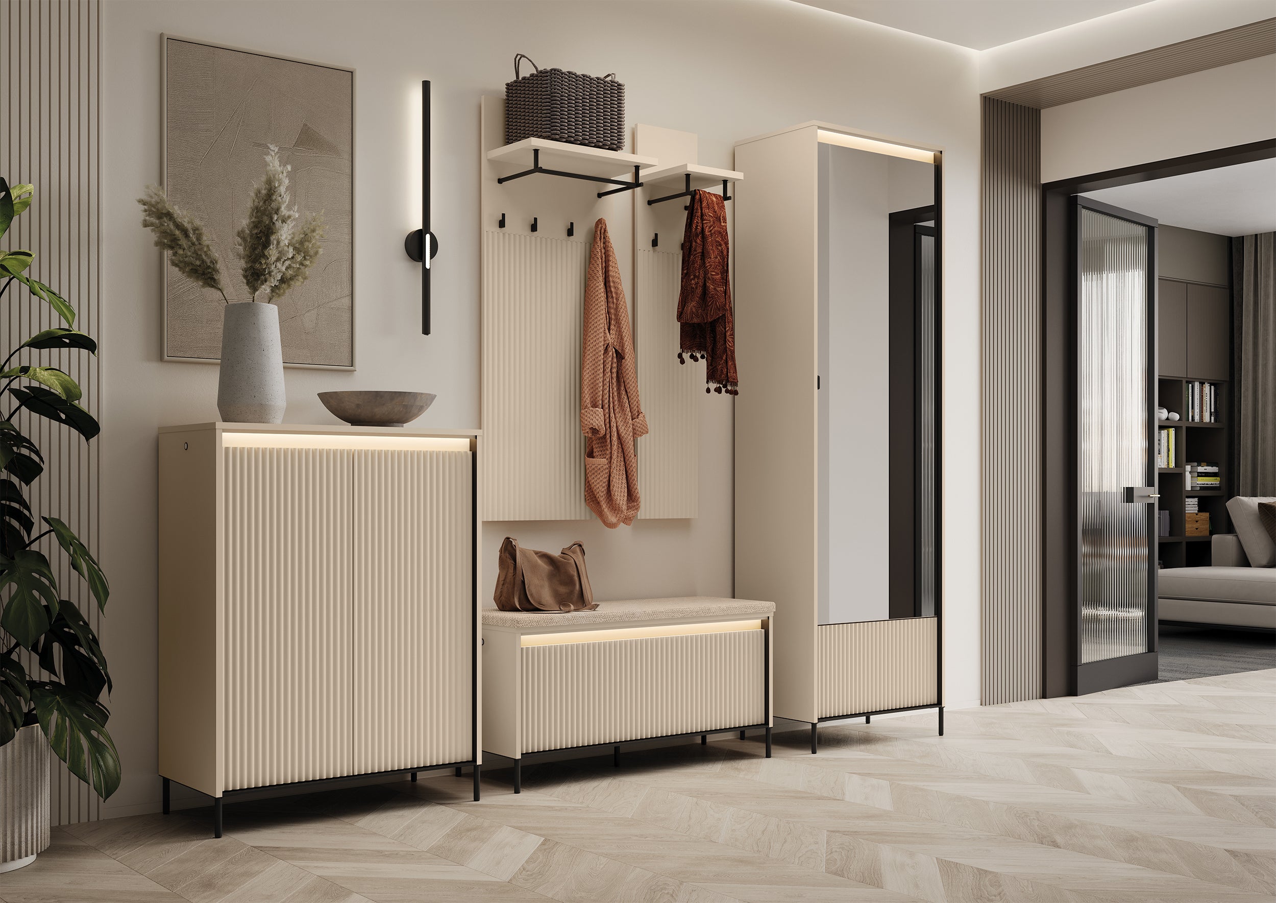 selsey-trend-wandhalter-76-cm-mit-regalen-sandbeige-schwarz-gerillte-fronten image 2