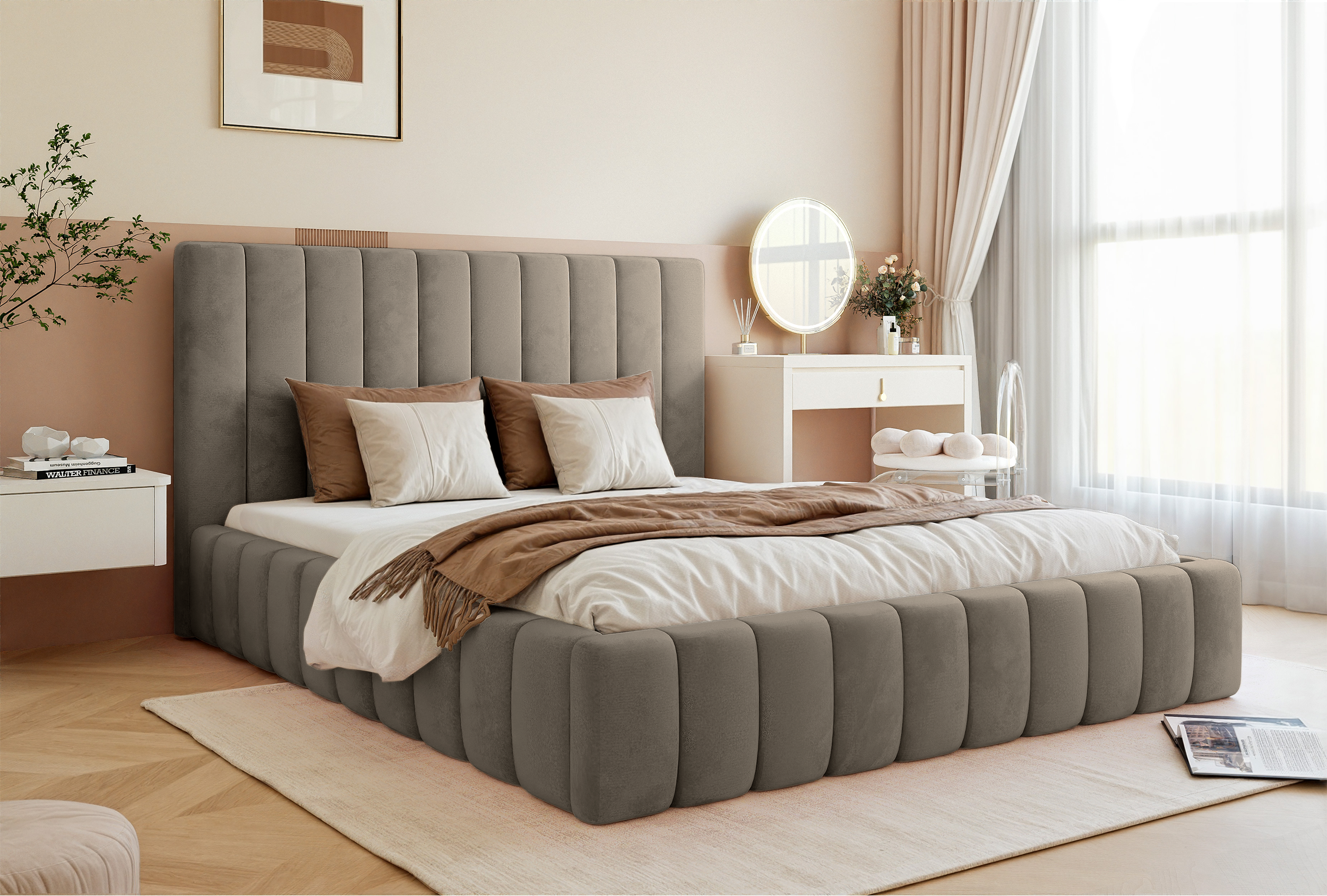 selsey-fiarro-polsterbett-180x200-cm-mit-bettkasten-grau-beiger-samt-metallrahme image 2
