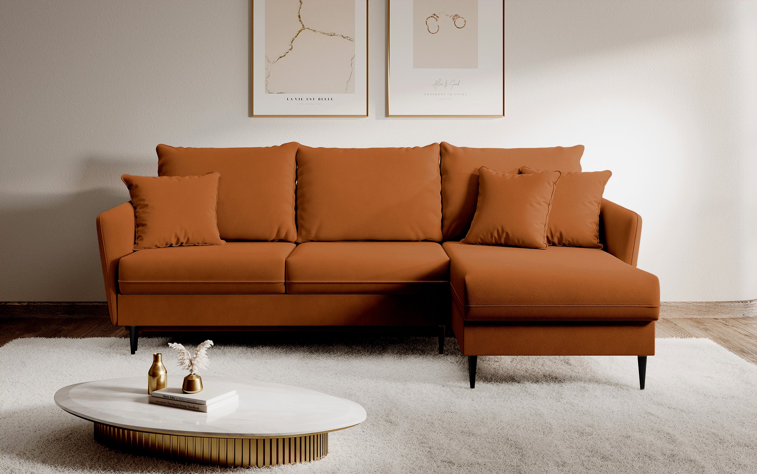 selsey-volio-ecksofa-mit-schlaffunktion-universell-kupfer-samt-schwarze-beine image 3