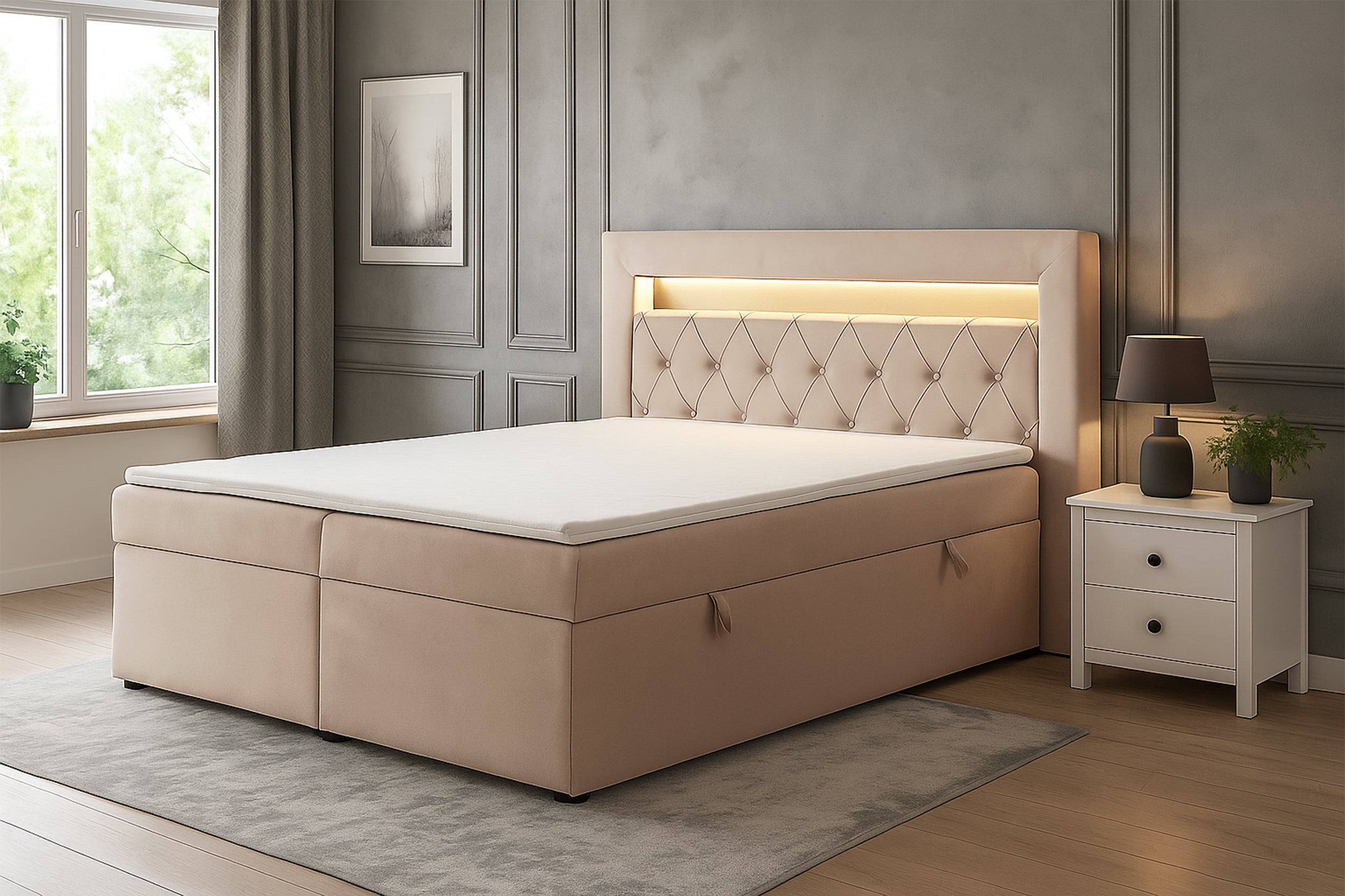 selsey-goldess-kontinentalbett-140x200-cm-mit-stauraum-und-led-beiger-samt image 2