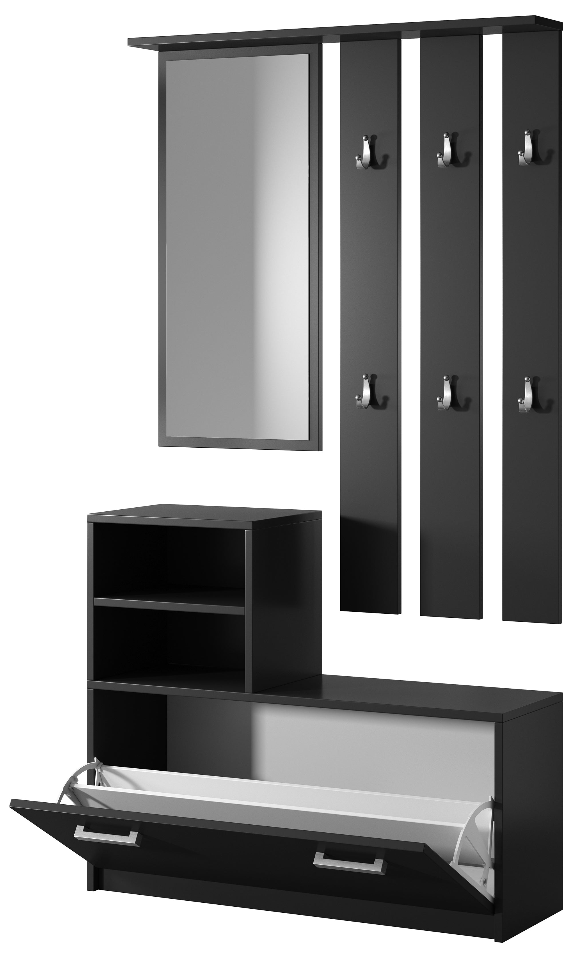 selsey-yesfir-flur-set-mit-spiegel-haken-regalen-und-schuhschrank-schwarz image 7