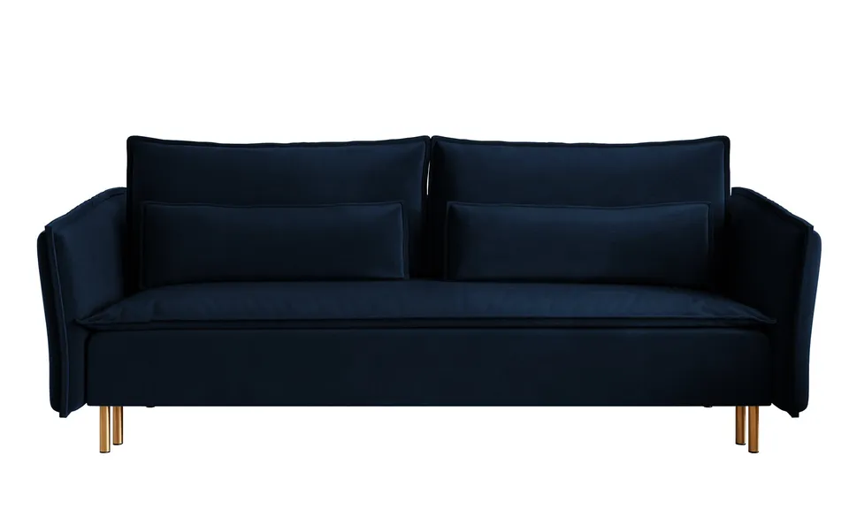 selsey-ummo-dreisitziges-schlafsofa-marineblau-mit-stauraum-velours-goldene-bein image 1
