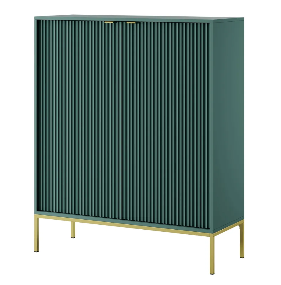 selsey-vellore-hohe-kommode-gr-n-mit-rillenfronten-goldenen-griffen-und-gestell image 1