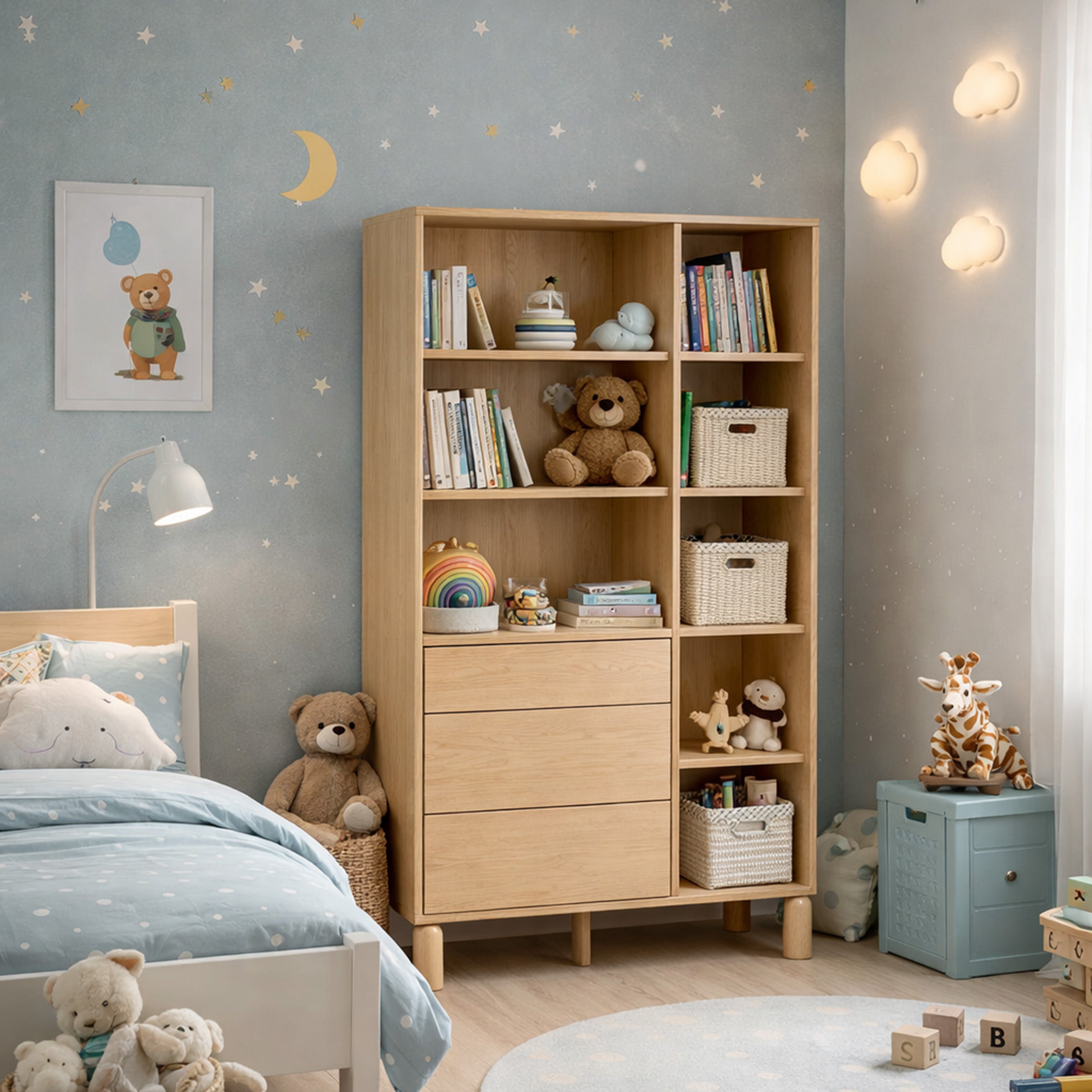 selsey-sanden-regal-110-cm-eiche-bookmatch-mit-drei-schubladen image 2