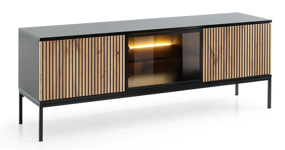 selsey-tosena-tv-schrank-154-cm-mit-drei-t-ren-und-led-schwarz-wotan-eiche image 1