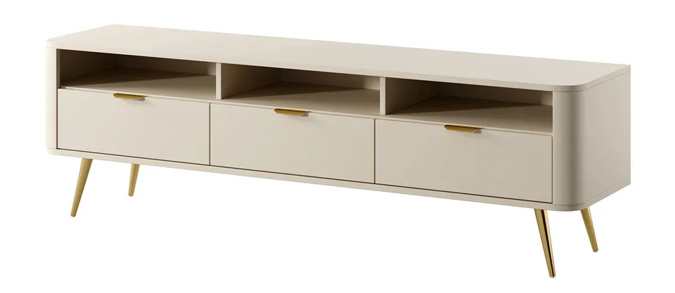 selsey-oval-tv-schrank-160-cm-sandbeige-mit-3-nischen-und-3-schubladen image 1