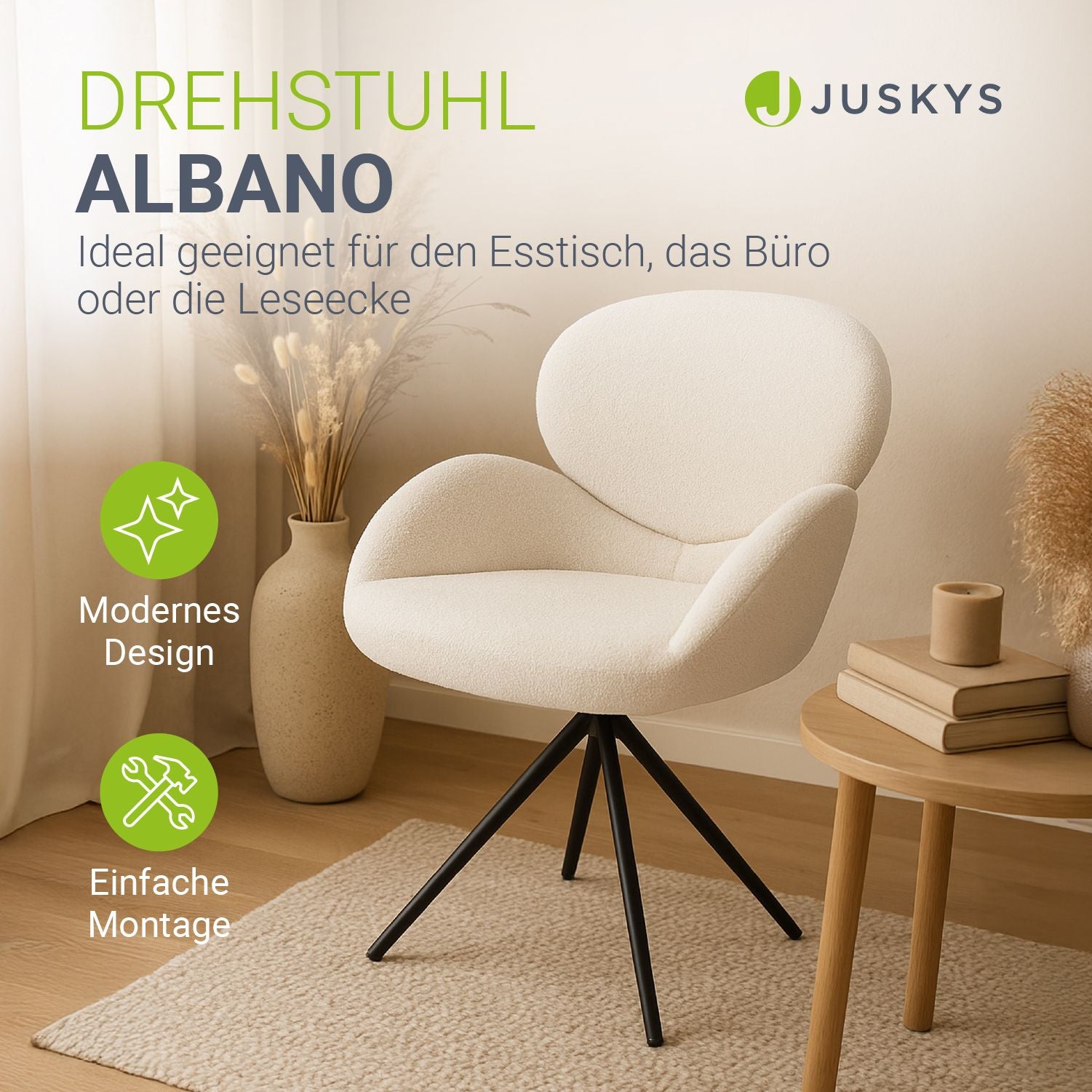 juskys-drehstuhl-albano-boucl-creme-esszimmerstuhl-360 image 2